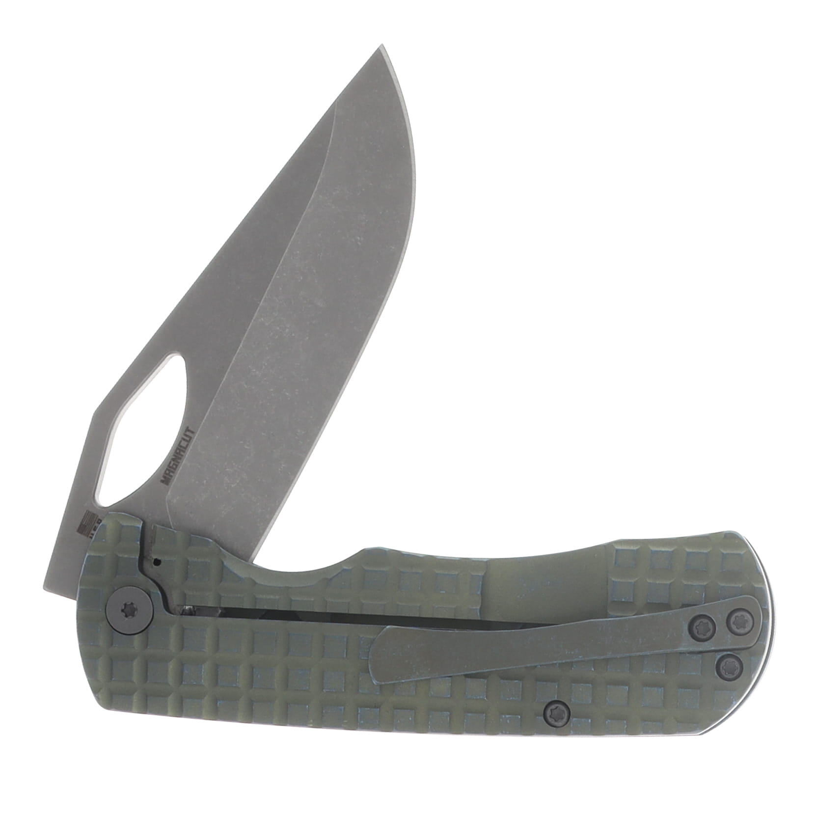 McNees Little Dixon Framelock Folding Knife Stonewash Magnacut/Green and Blue Atomic Frag Titanium MCLITTLEDIXFRAGAGNBL View 4