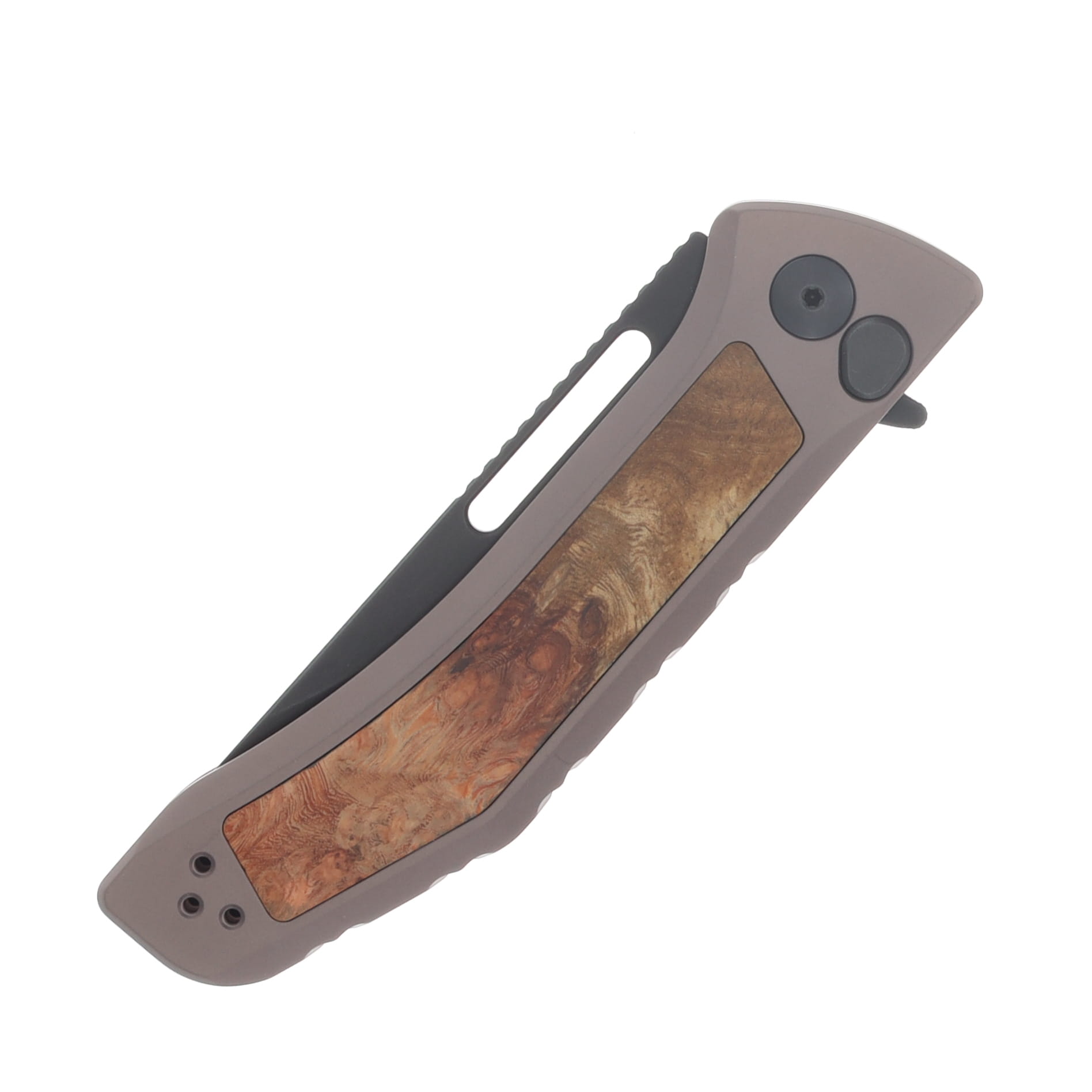 Half Face Blades Custom Kwaiken Folder Gray Nitride Blade/Textured Grip Amboyna Burl and Anodized Gray Aluminum HFKAWIKFLDCUSTAMB View 5