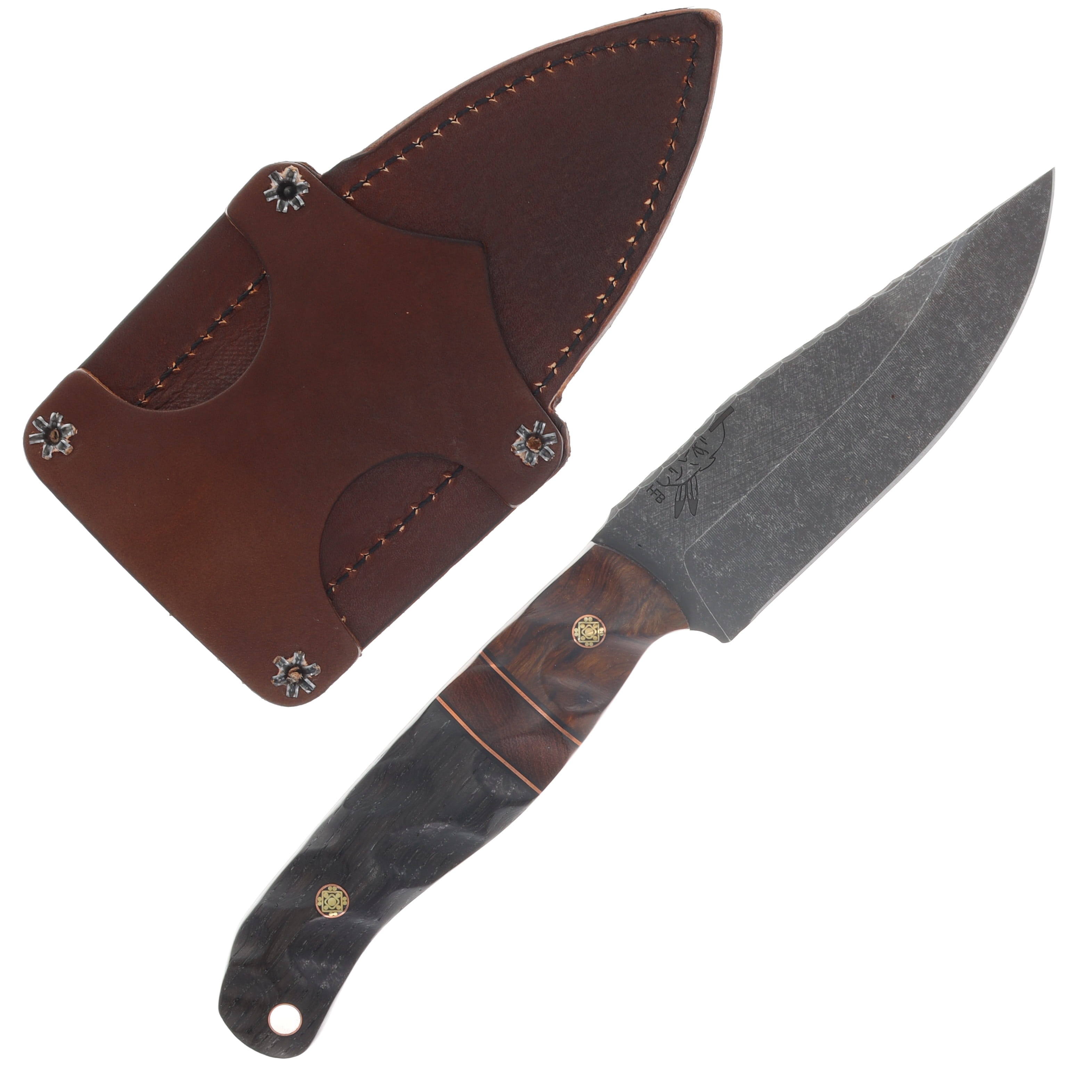 Half Face Blades Crow Jr Fixed Blade Textured Grip Desert Ironwood, Black G-10 and Copper Pin Striping, Ancient Bog Oak, Mosaic Pins, Copper Lanyard Pin HFCROWJRDIBKDI View 2