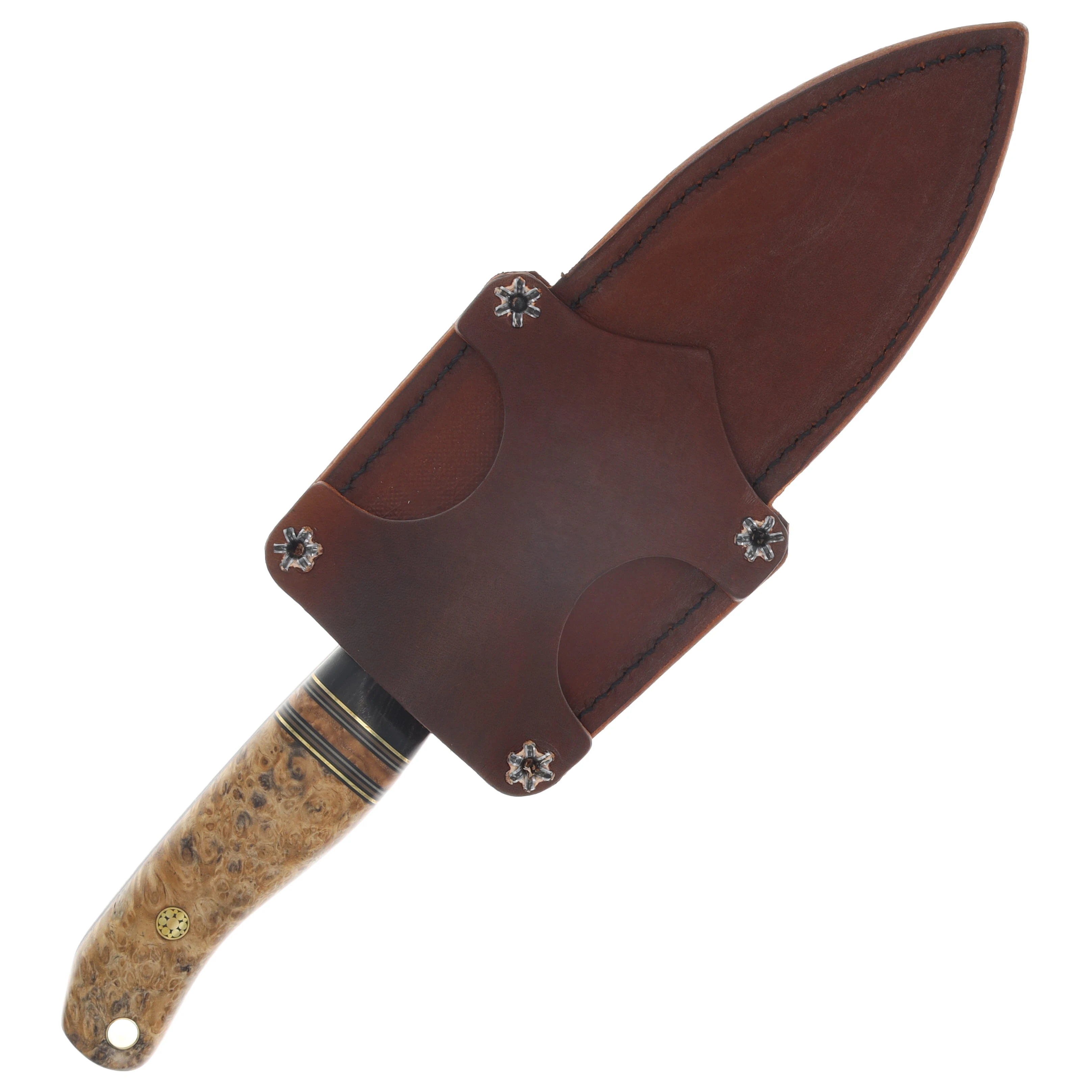 Half Face Blades Crow Scout Fixed Blade Ebony, Black G-10, Brass, Coyote and Desert Tan G-10 Pin Striping, Black Ash Burl, Mosaic Pins, Brass Lanyard Pin HFCROWSCTEBBKCYDT View 5