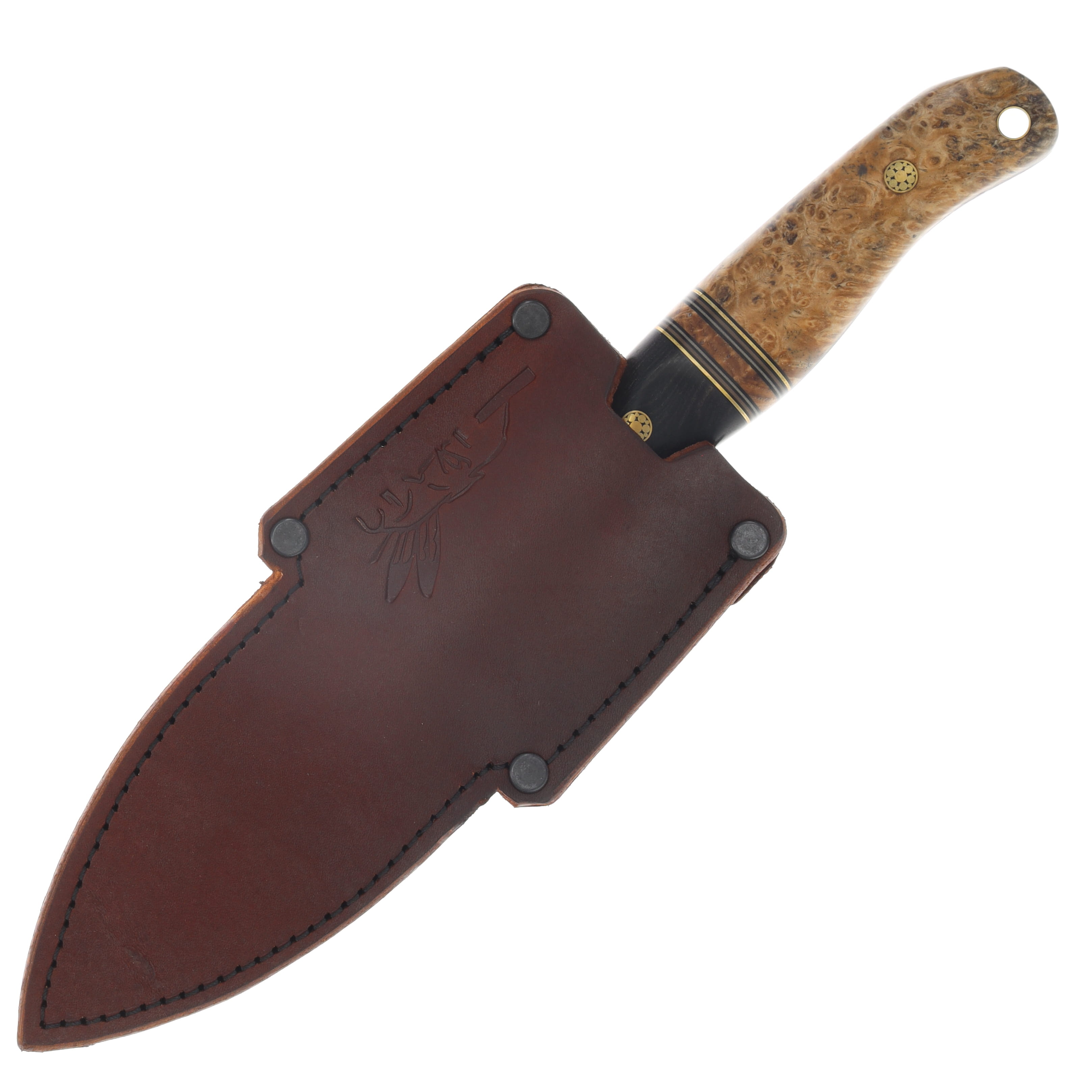 Half Face Blades Crow Scout Fixed Blade Ebony, Black G-10, Brass, Coyote and Desert Tan G-10 Pin Striping, Black Ash Burl, Mosaic Pins, Brass Lanyard Pin HFCROWSCTEBBKCYDT View 4