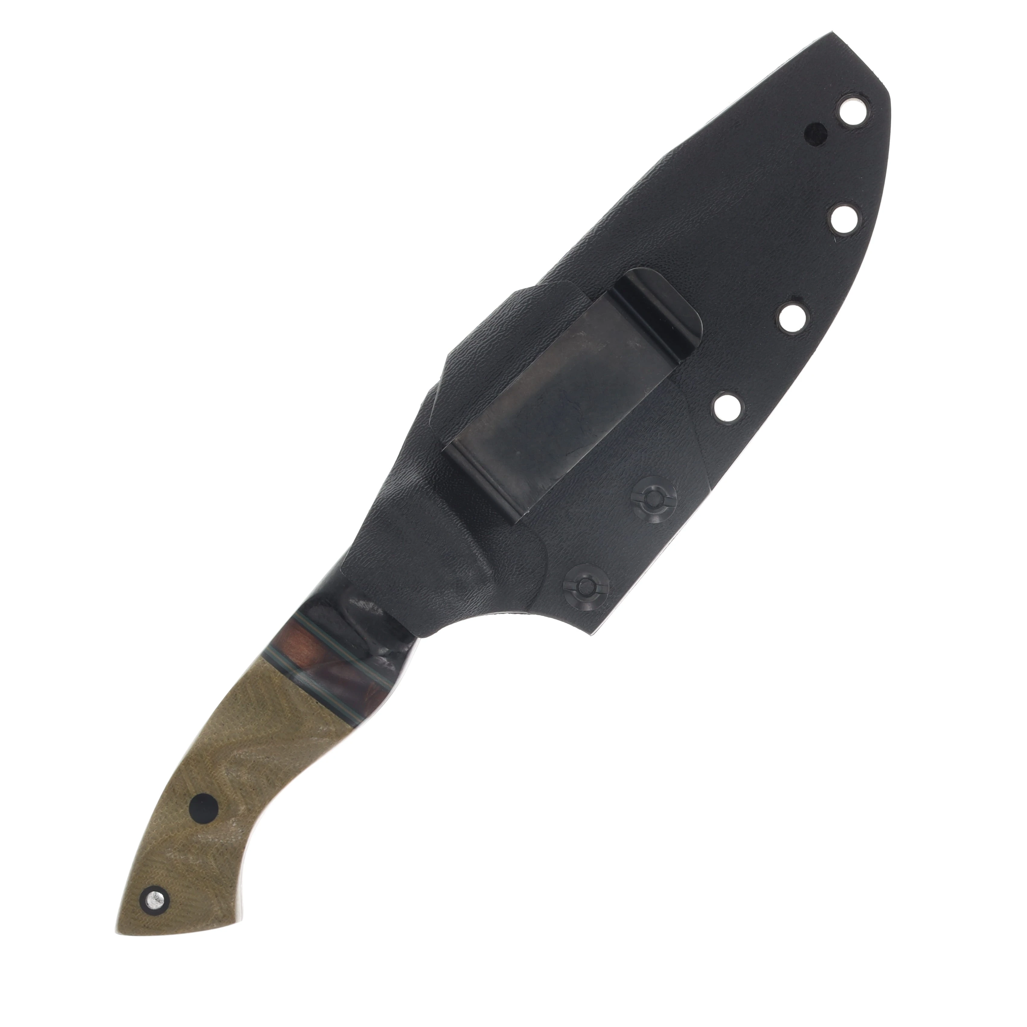 Half Face Blades Widow Maker Fixed Blade Textured Grip Black Burlap Micarta, Black G-10, Forest Green G-10 and Coyote G-10 Pin Striping, Hawaiian Curly Koa, OD Green Canvas Micarta, CF Pins HFWIDMAKBBMBKFGCY View 5