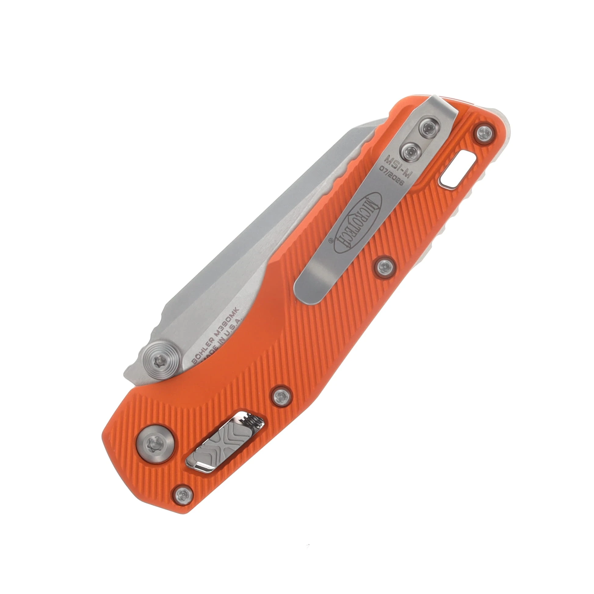 Microtech MSI Mini RAM-LOK Folding Knife Partially Serrated Stonewash/Fluted Orange Aluminum MT210M12FLOR View 6