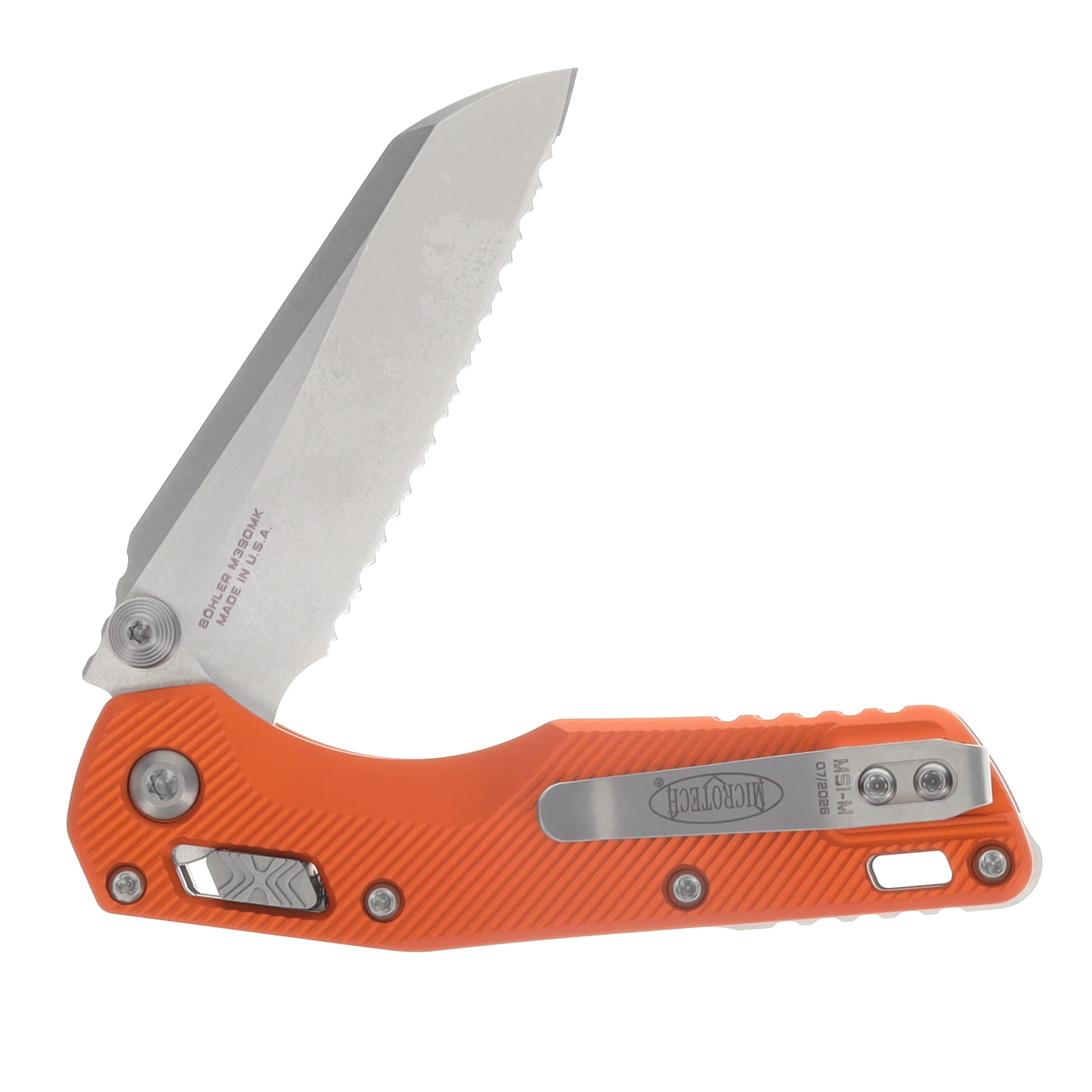 Microtech MSI Mini RAM-LOK Folding Knife Partially Serrated Stonewash/Fluted Orange Aluminum MT210M12FLOR View 4