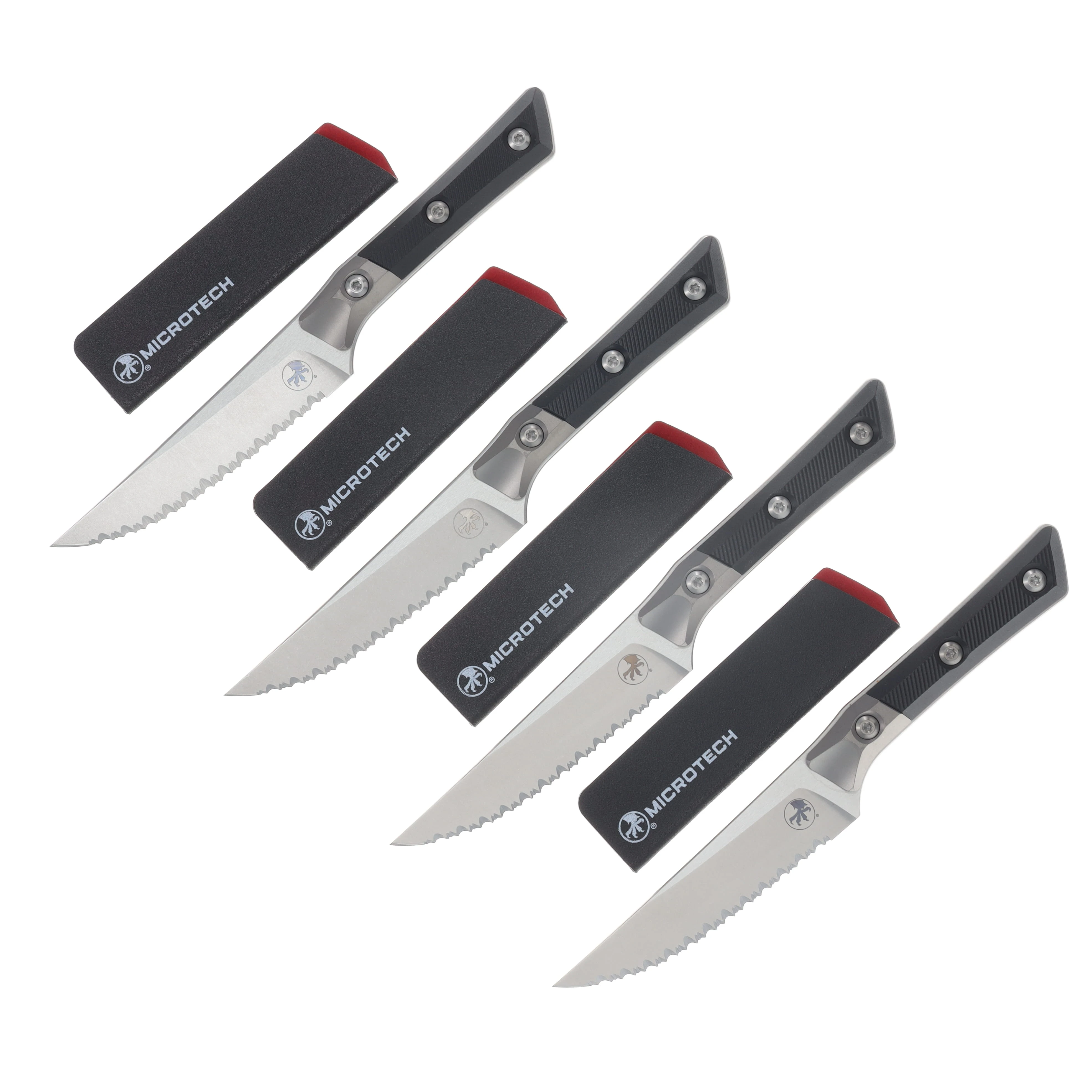 Microtech 4pc Steak Knife Set Serrated Stonewash/Black G-10 with Titanium Bolsters MT3600B12SETBK View 1