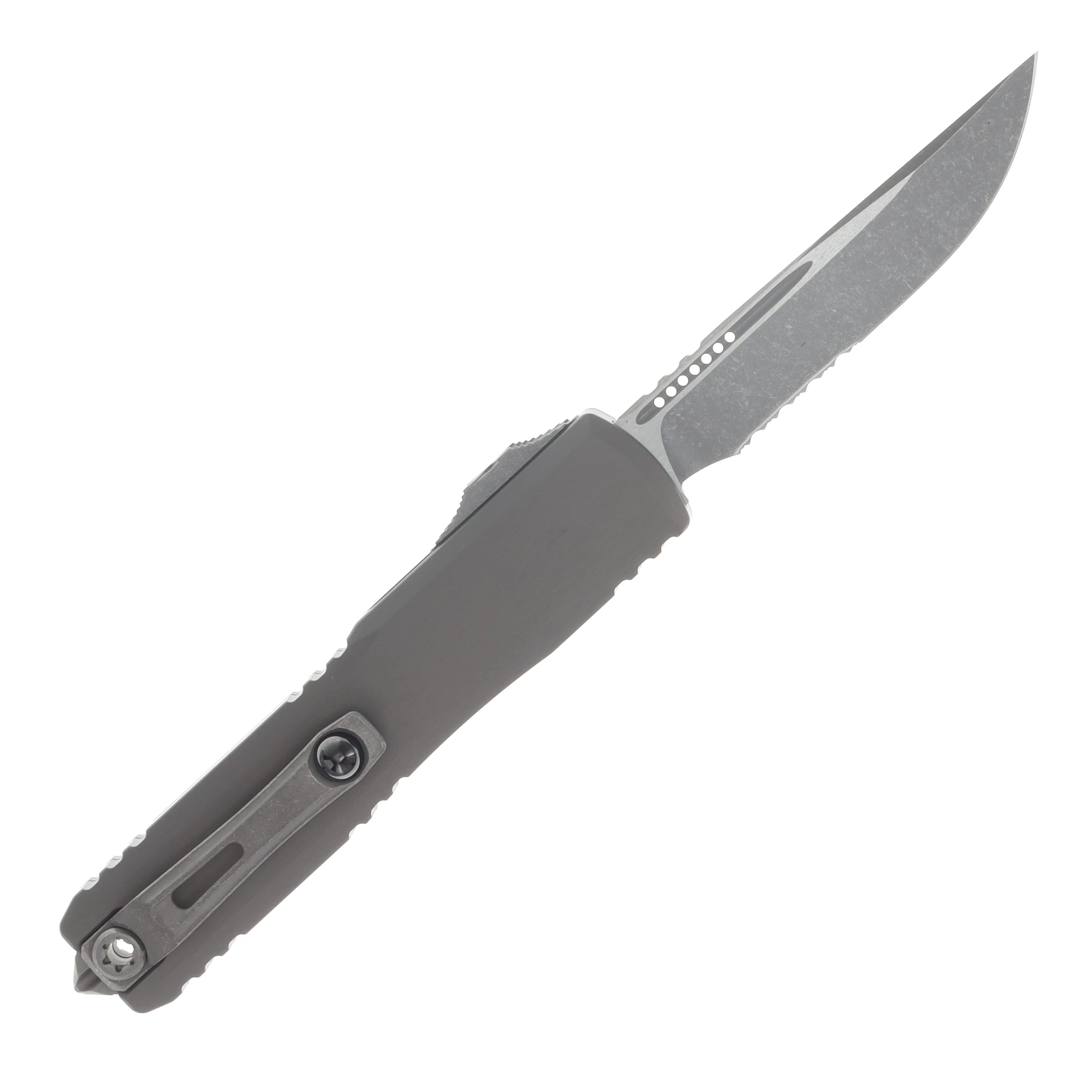 Microtech Signature Series Ultratech Gen IV OTF Automatic Partially Serrated Apocalyptic  S/E Natural Clear Aluminum AUMT1121411APNC View 2