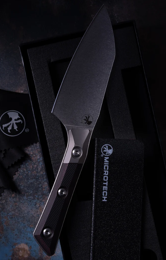 Microtech Signature Series 6" Santoku Knife Black Stonewash/Black Cherry G-10 with Titanium Bolsters MT320010BC View 11
