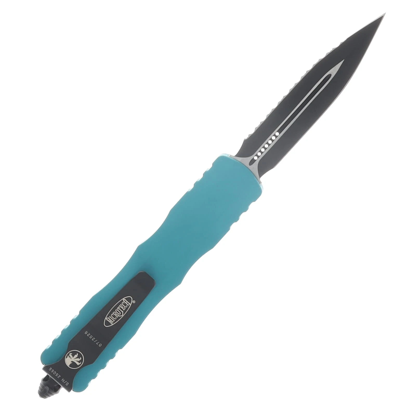 Microtech Dirac Delta OTF Automatic Knife Full Serrated Black Dagger/Cyan AUMT2253CN View 2