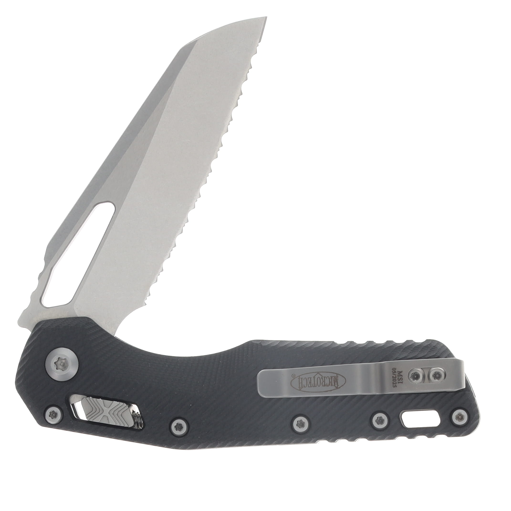 Microtech MSI RAM-LOK Folding Knife Full Serrated Stonewash S/E Fluted Black G-10 MT21012FLGTBK View 4