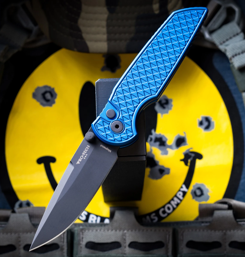 ProTech Integrity Button Lock Folding Knife DLC Magnacut/Textured Blue Aluminum INT1106-BLUE View 1