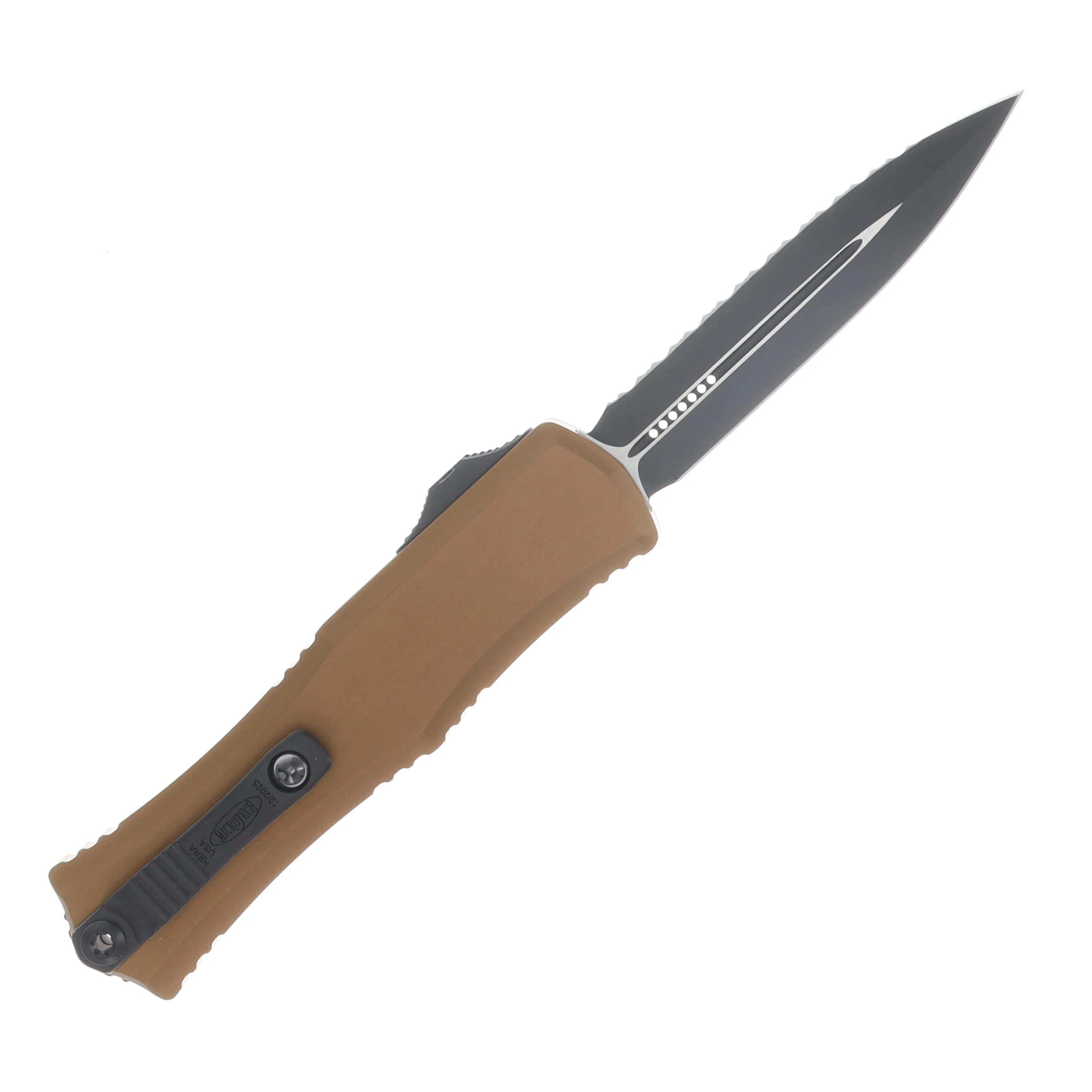 Microtech Hera II Mini OTF D/E Automatic Knife Black Full Serrated Tan AUMT1702M3TA View 2