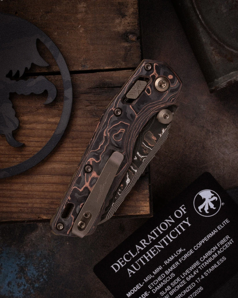 Microtech MSI Mini RAM-LOK Folder Marfione Select Baker Forge Coppermai Elite Damascus Slab Side Livewire CF W/Bronze TI Accent Bronzed Stainless MT210M16MS1 View 12