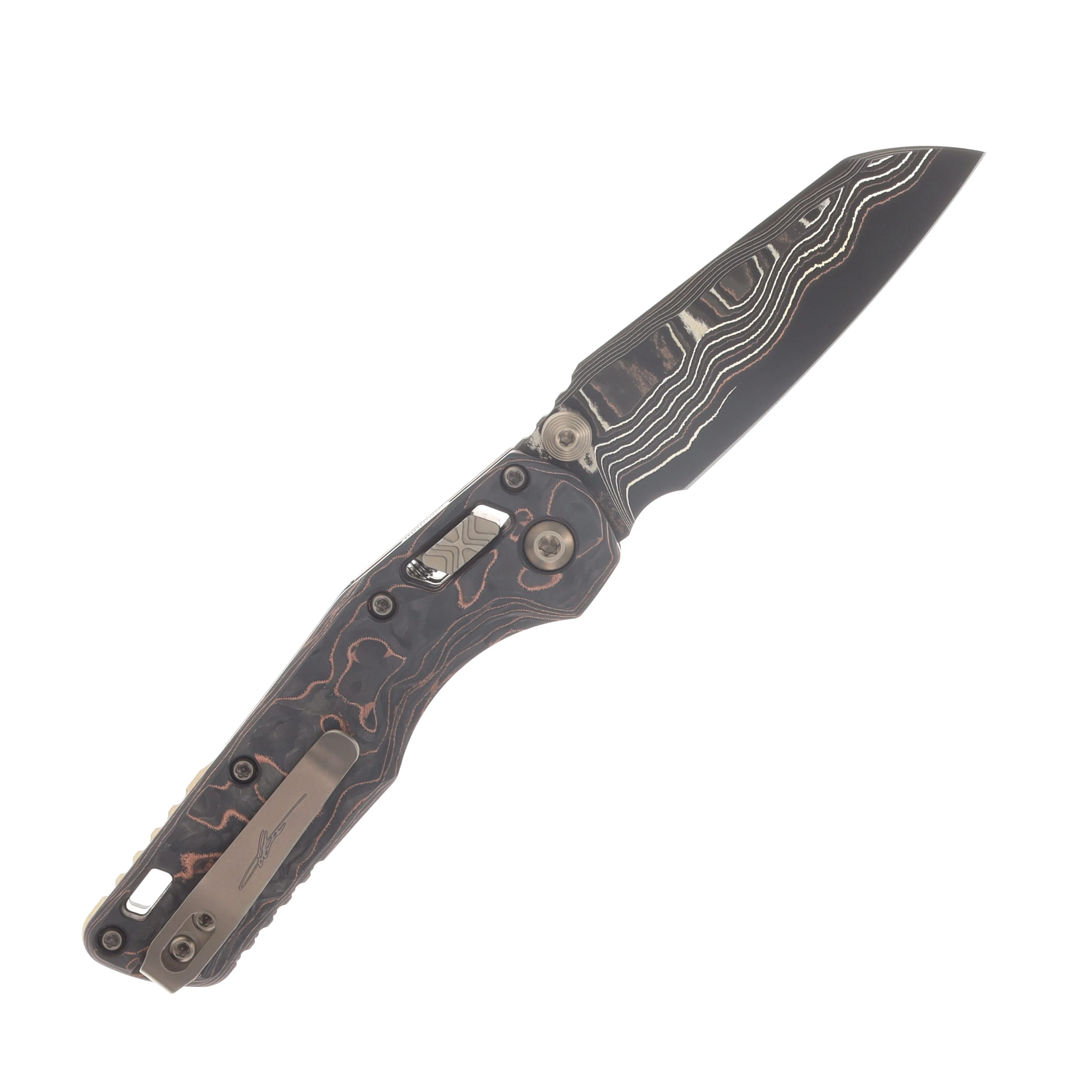 Microtech MSI Mini RAM-LOK Folder Marfione Select Baker Forge Coppermai Elite Damascus Slab Side Livewire CF W/Bronze TI Accent Bronzed Stainless MT210M16MS1 View 2
