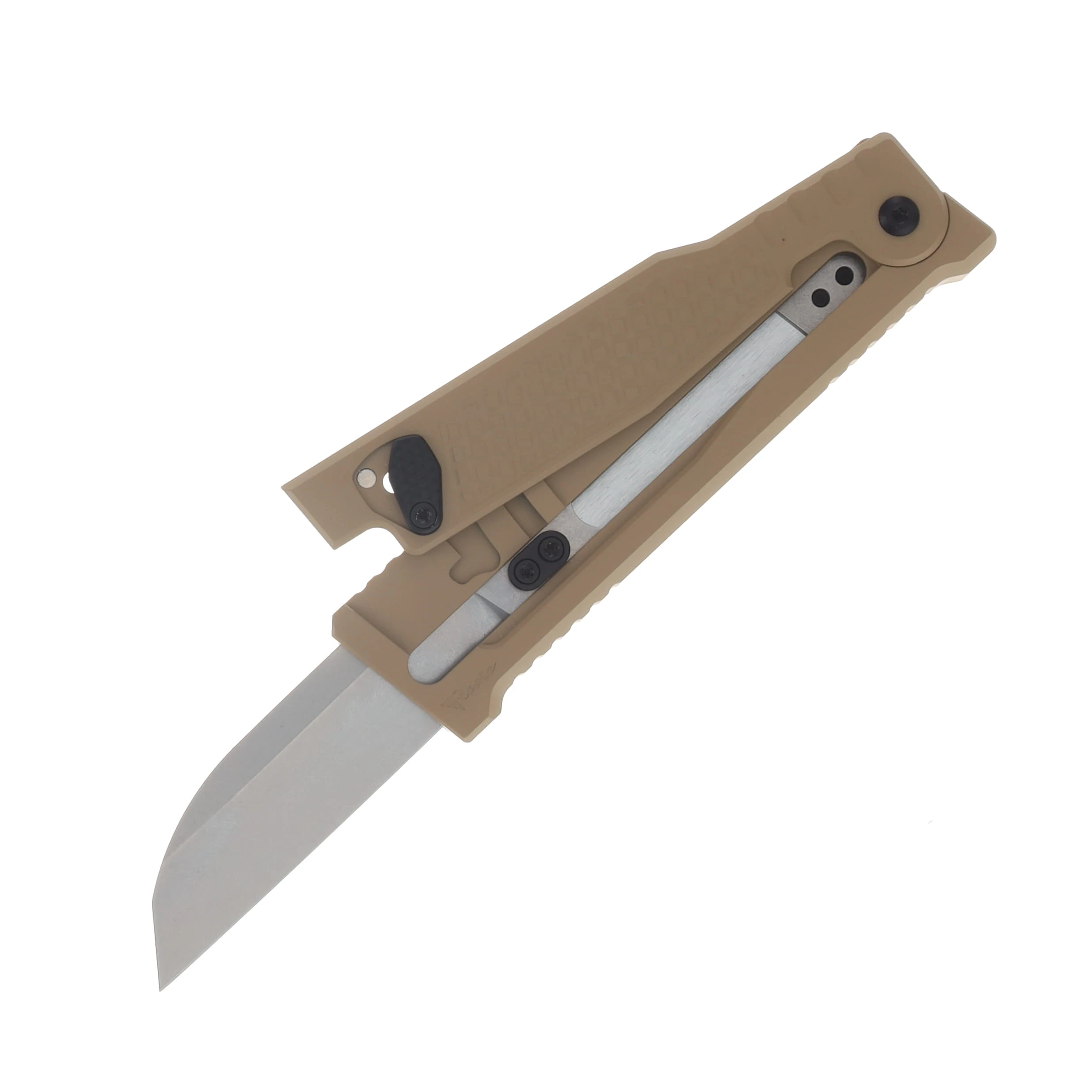 Reate EXO Performance 2 Bld. Gravity Knife SW/Satin Serrated Nitro V - Diamond Pattern Tan REEXOP-9 View 3