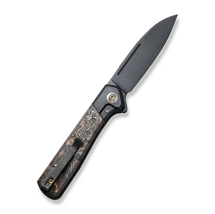 We Knife Soothsayer Framelock Folding Knife Black Stonewash 20CV/Black Titanium with Copper Foil Carbon Fiber Inlay View 2