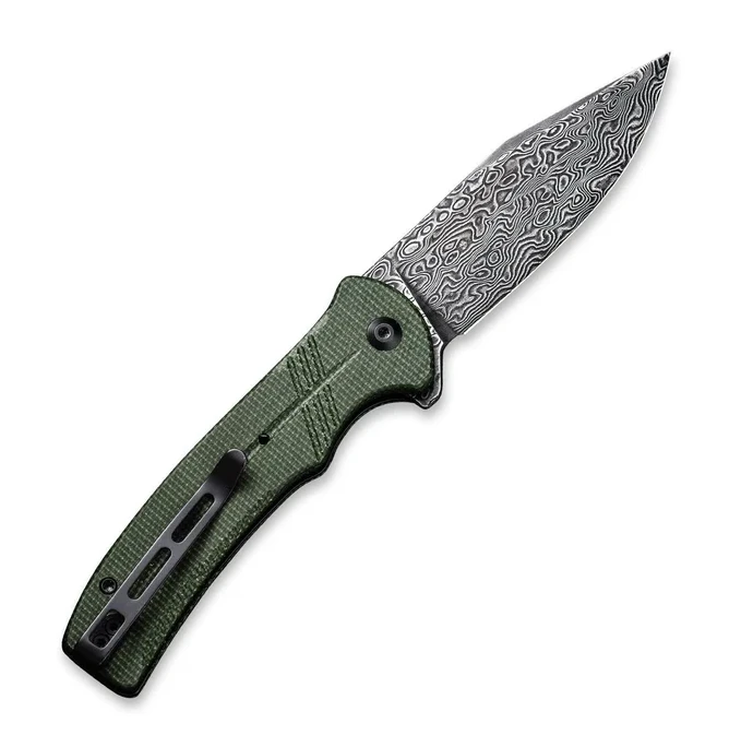 CIVIVI Cogent Button Lock Folding Knife Black Hand Rubbed Damascus/Green Micarta View 2