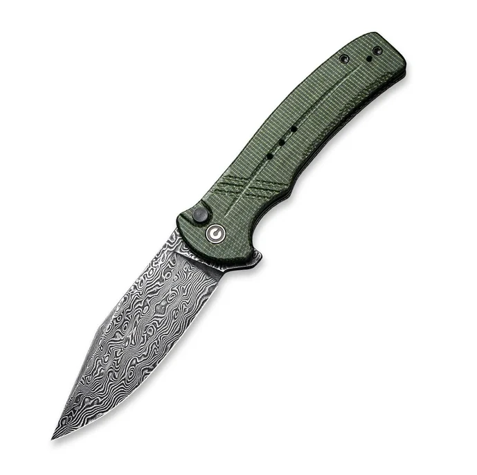 CIVIVI Cogent Button Lock Folding Knife Black Hand Rubbed Damascus/Green Micarta View 1