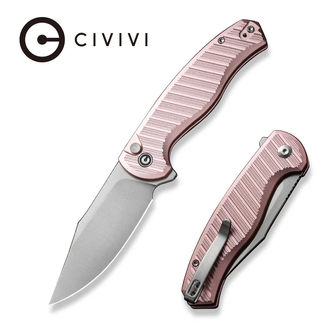 CIVIVI Stormhowl Button Lock Folding Knife Satin Nitro V/Milled Light Pink Aluminum View 1