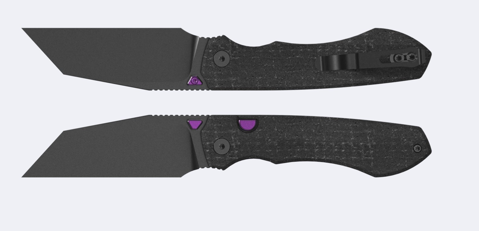 Kizer Wharning Button Lock Folding Knife PVD N690/Black Micarta with Purple Accents View 1