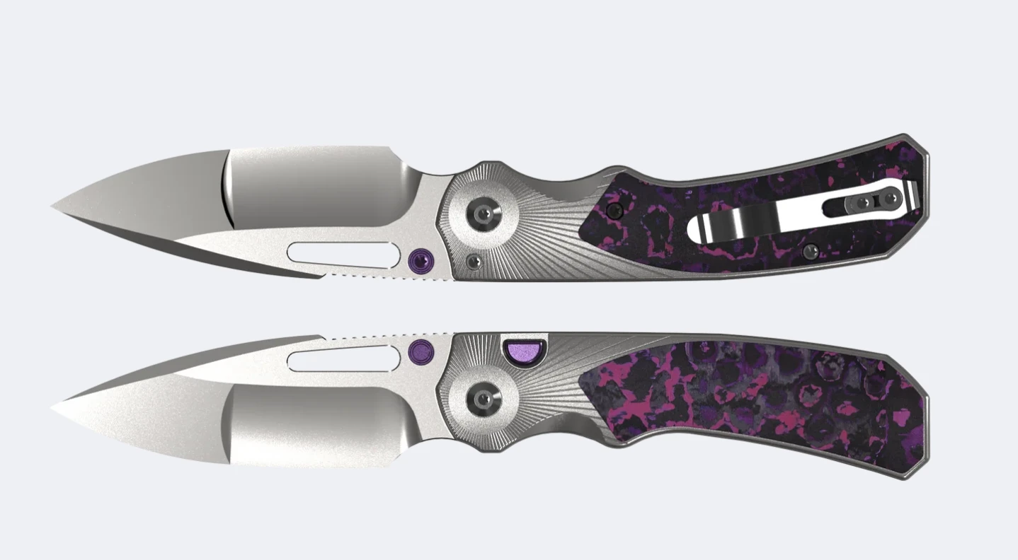 Kizer Durandal Button Lock Folding Knife Satin S35VN/Gray Aluminum & Purple Haze  FatCarbon View 1