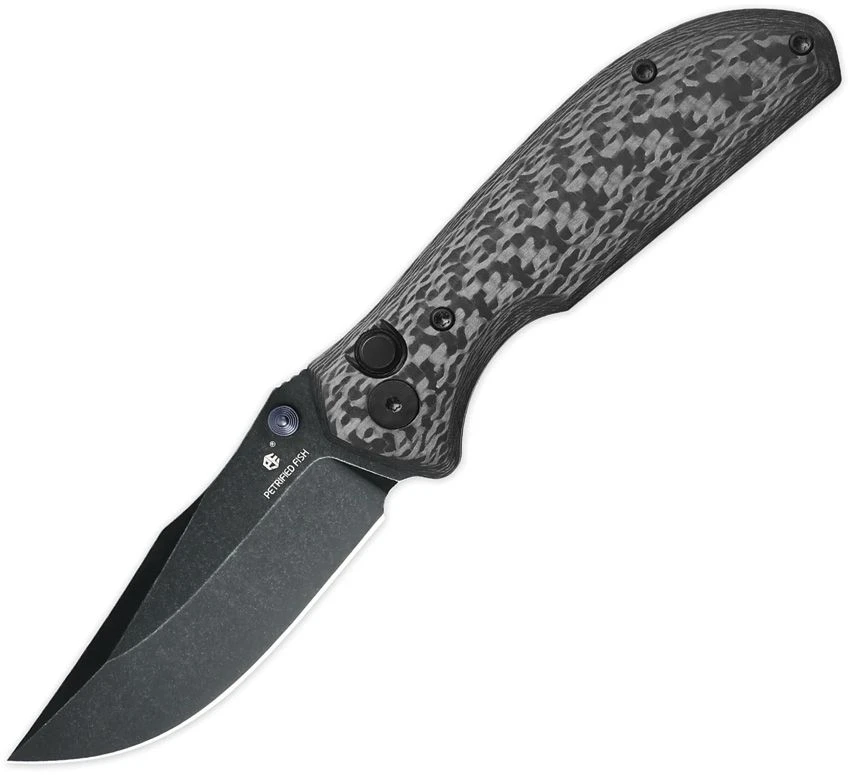 Petrified Fish Guppy Button Lock Folder Black SW Bohler N690 - Twill Carbon Fiber PFK19CDW  View 1