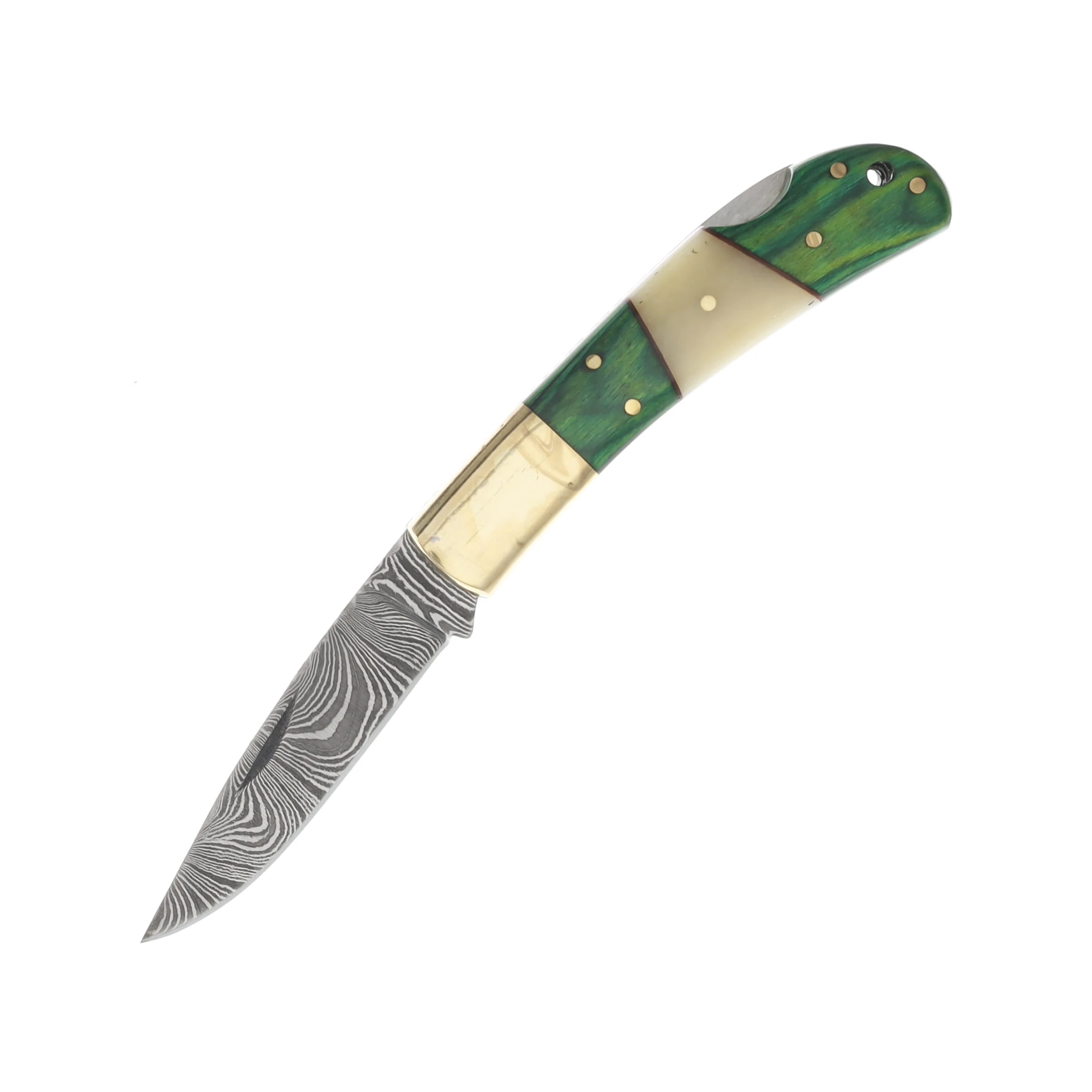 Szco Damascus Green Pakkawood and White Bone Lockback Folding Knife DM1169 View 1