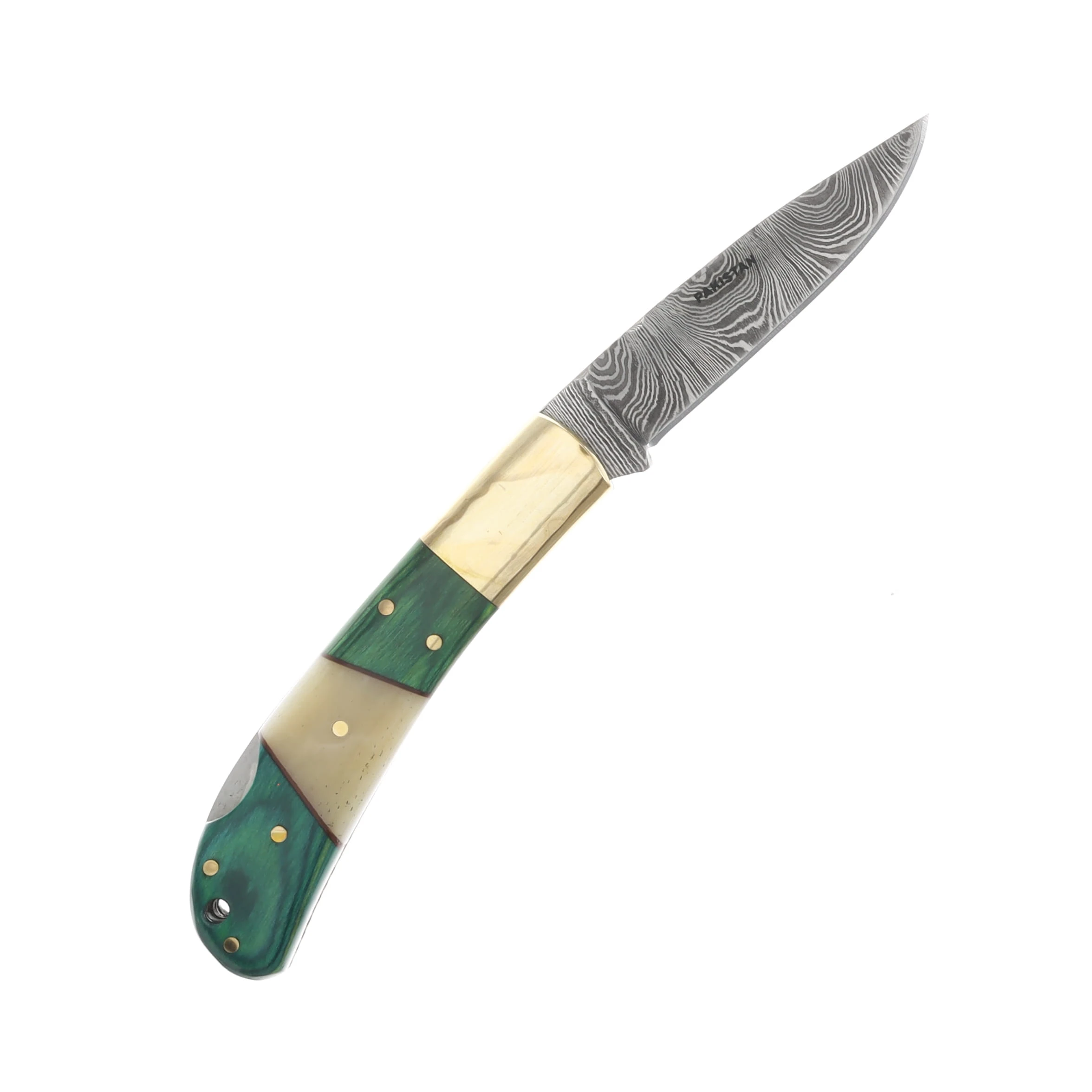 Szco Damascus Green Pakkawood and White Bone Lockback Folding Knife DM1169 View 2