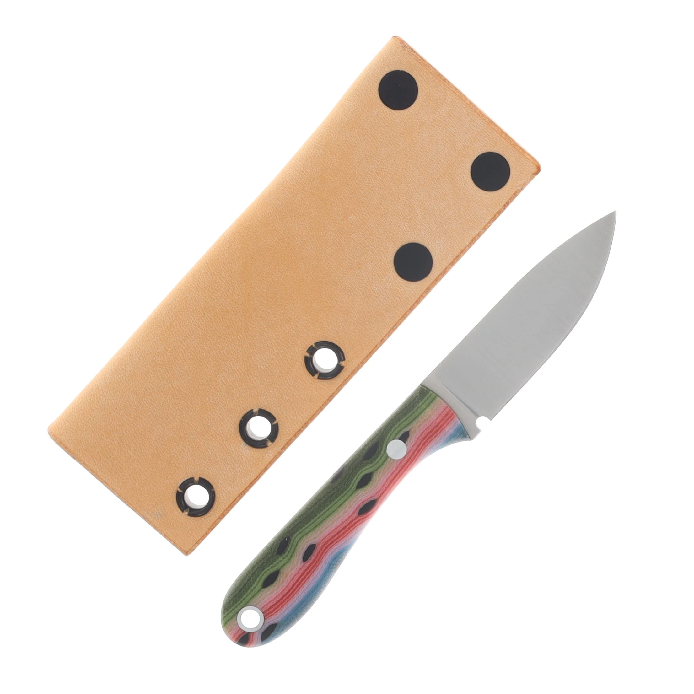 Lishen Knives Little Holston Drop Point Fixed Blade Rainbow Trout G-Carta Aluminum Pins LKLHDPRBTRTGALP View 2