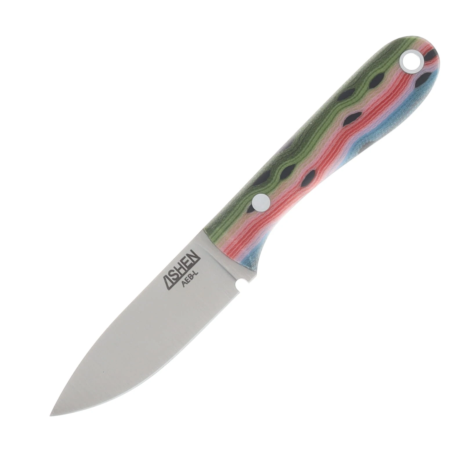 Lishen Knives Little Holston Drop Point Fixed Blade Rainbow Trout G-Carta Aluminum Pins LKLHDPRBTRTGALP View 3