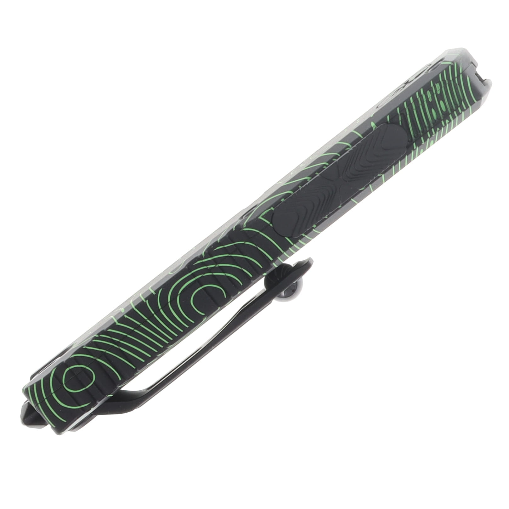 Microtech UTX-85 Gen IV Signature Series OTF Automatic Partially Serrated Topographic Black and Parakeet Green Camo S/E AUMT123142TPBKPGCS View 5