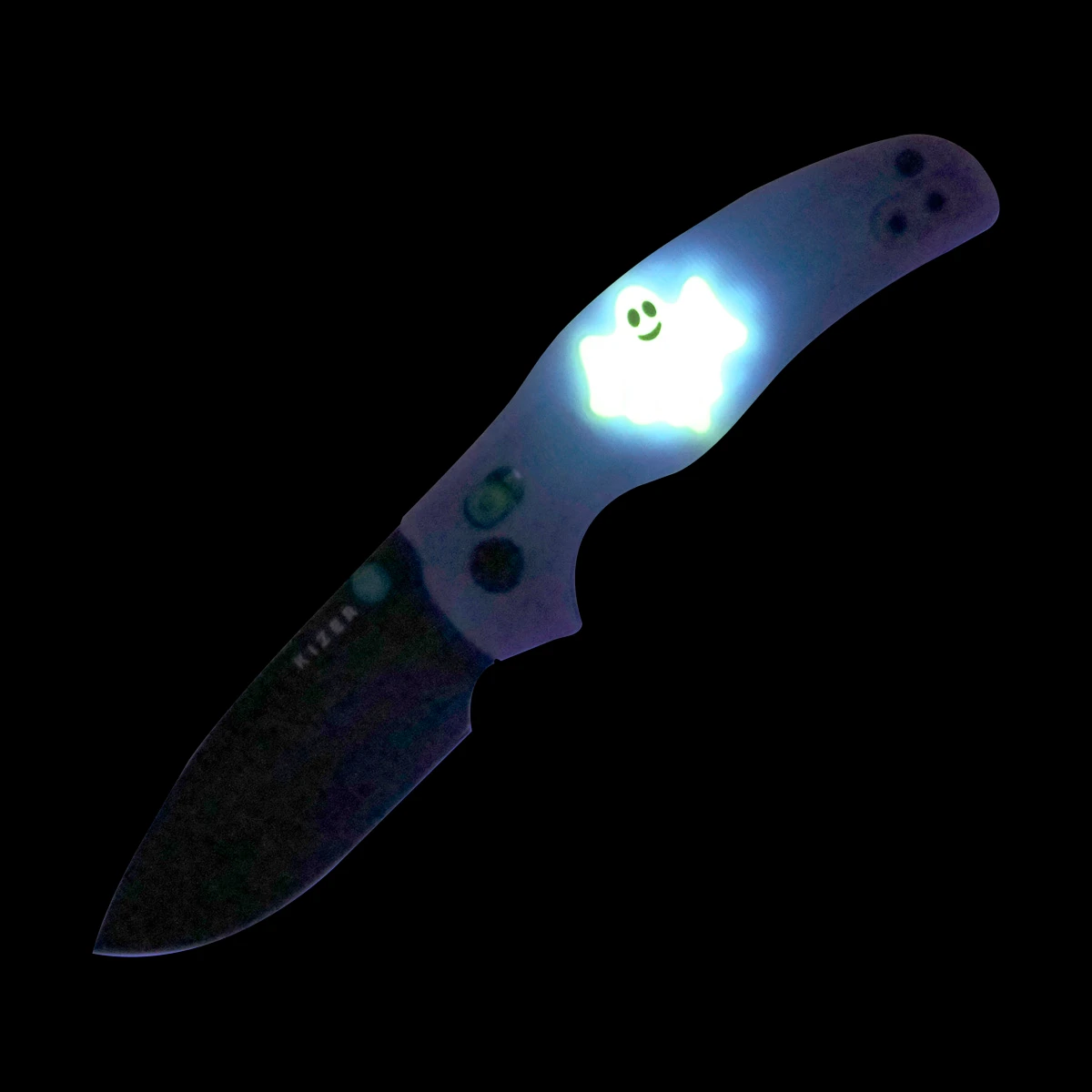 Kizer SMKW Exclusive Halloween Sheepdog Folder Purple G-10 W/ Glow-in-the-Dark Ghost Inlay - Black TI Coated Nitro V V3488.29CDE2 View 13