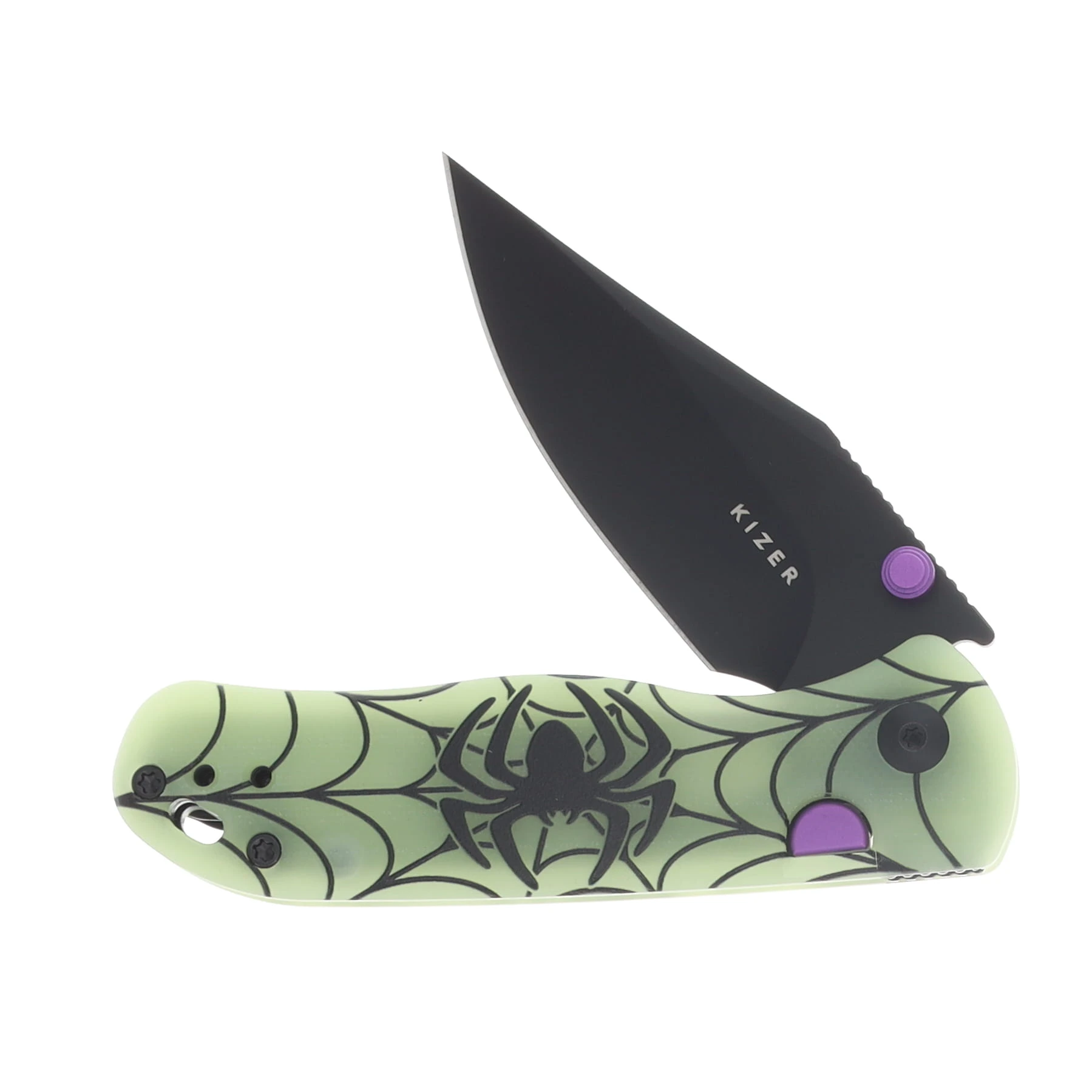 Kizer SMKW Exclusive Halloween Drop Bear 2 Folder Glow-in-the-Dark G-10 W/Spider and Web UV Pattern - Black TI Coated 14C28N V3619.2BCE2 View 2