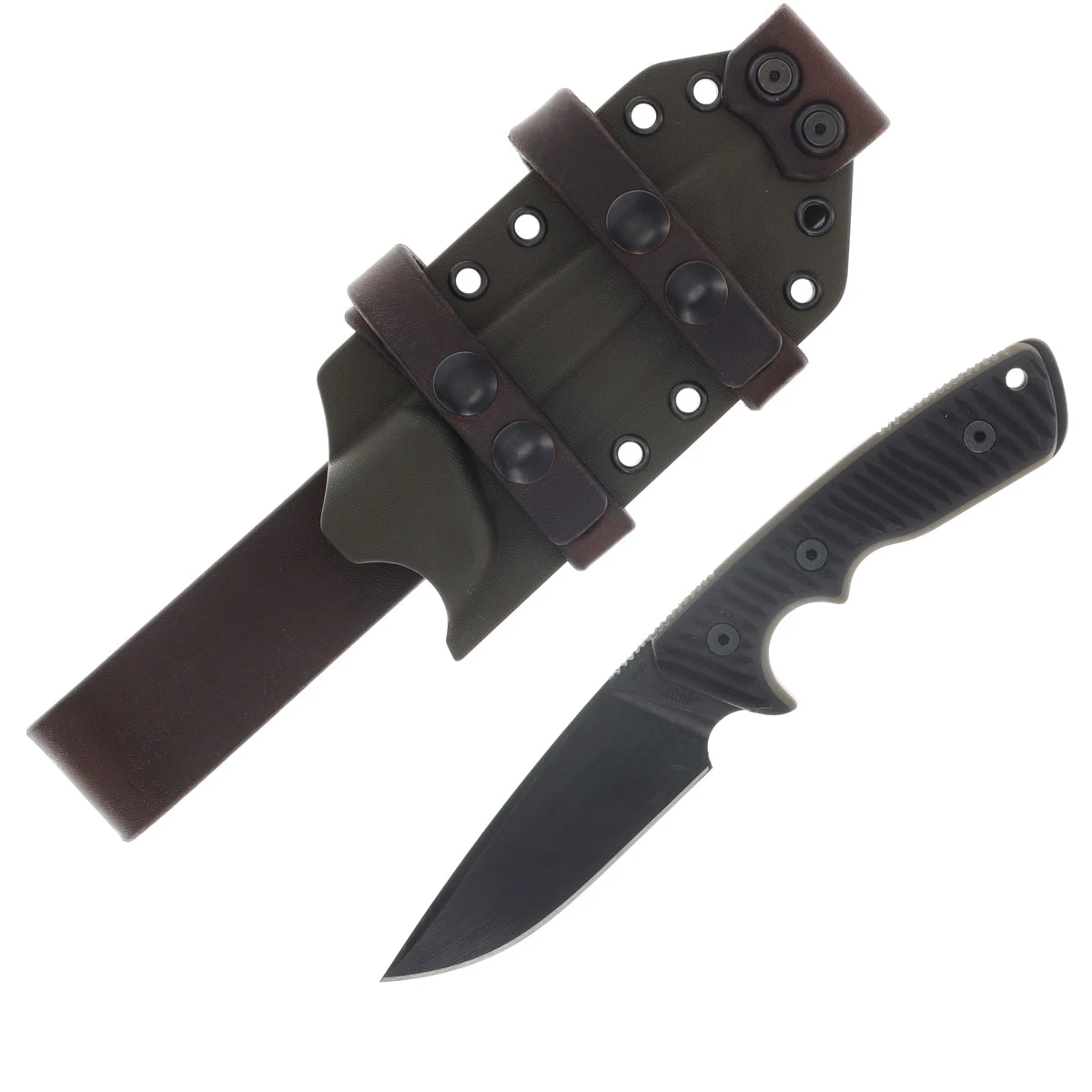 Miller Bros M-27 Fixed Knife Black Blade Black Ribbed Handle OD Green/Brown Sheath View 1