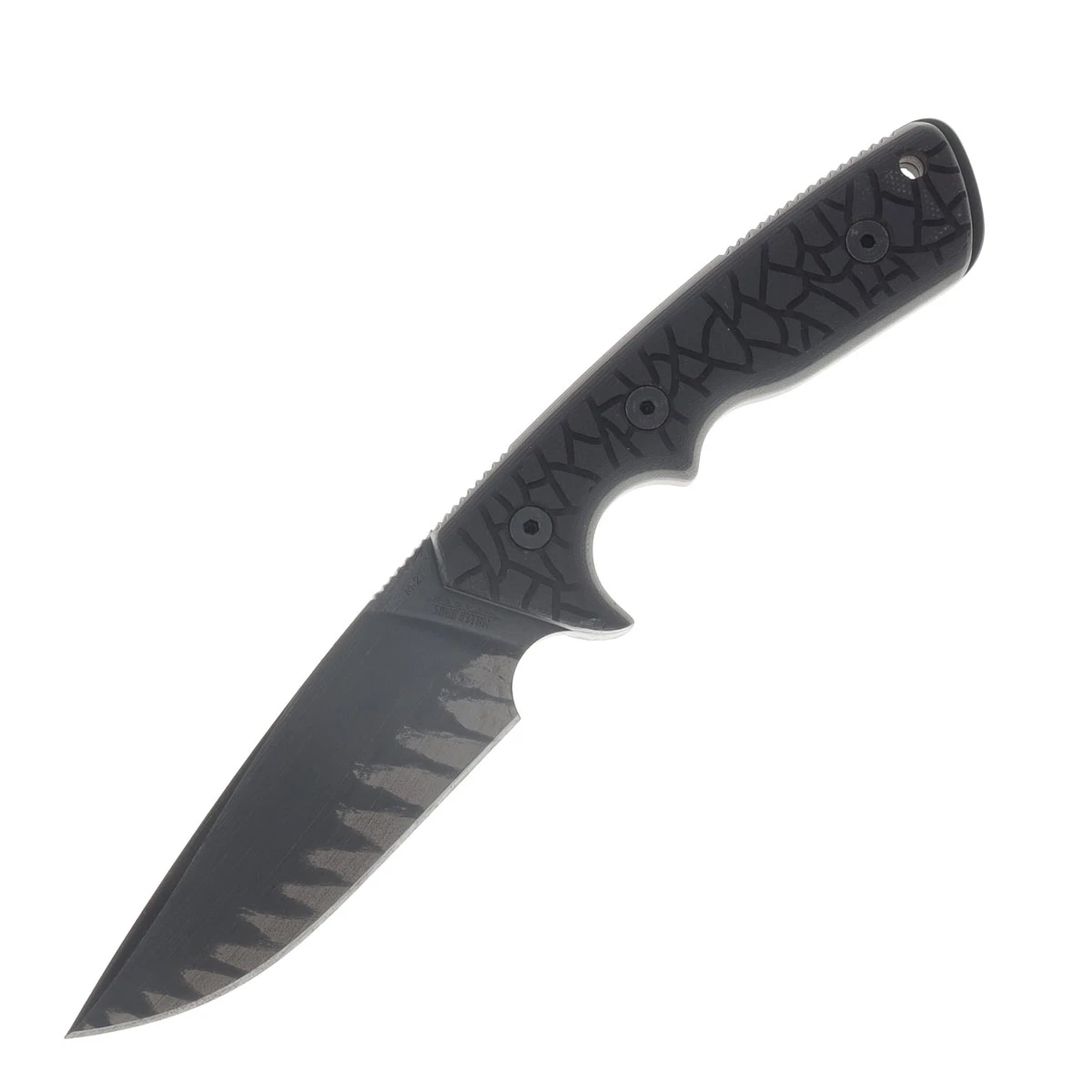 Miller Bros M-27 Fixed Knife Black Blade W/Edge Work Black Textured Handle Tan/Brown Sheath View 3