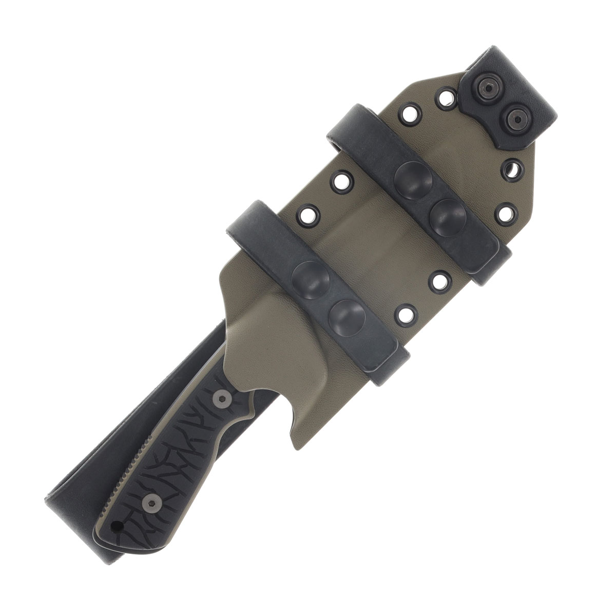Miller Bros M-27 Fixed Knife Black Blade W/Edge Work Black Textured Handle Tan/Black Sheath View 6