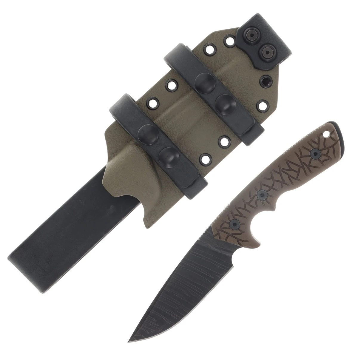 Miller Bros M-27 Fixed Knife Tiger Striped Blade Tan Textured Handle Tan/Black Sheath M-27TSTNBKSTNH View 1
