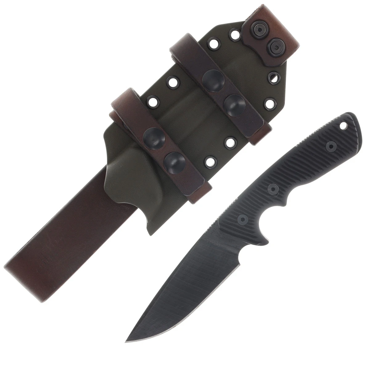Miller Bros M-27 Fixed Knife Striped Coated Blade Black Ribbed Handle OD Green/Brown Sheath M-27STRODBNSBKH View 1