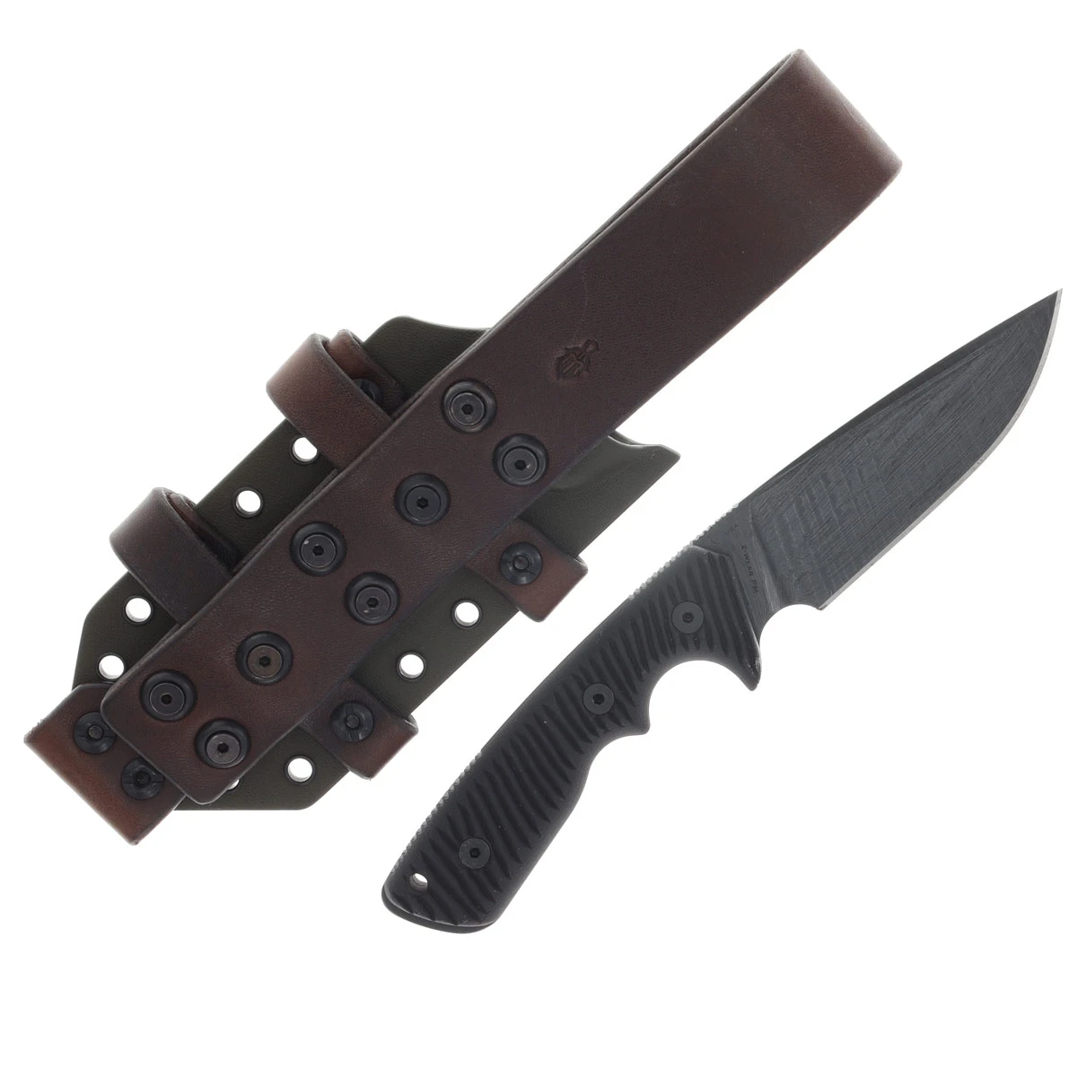 Miller Bros M-27 Fixed Knife Striped Coated Blade Black Ribbed Handle OD Green/Brown Sheath M-27STRODBNSBKH View 2