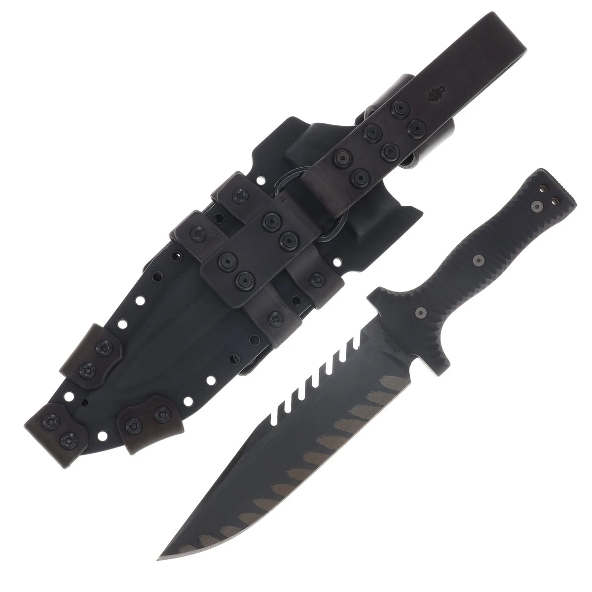 Miller Bros M-22 Fixed Blade Tooth Spine Etched Edge Tan/Black Handle Tan/Black Sheath M-22EETNBKSTNBKH View 1