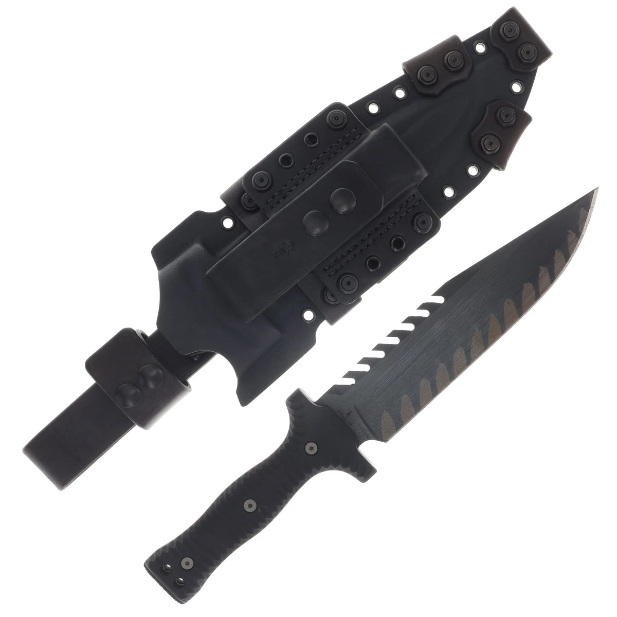 Miller Bros M-22 Fixed Blade Tooth Spine Etched Edge Tan/Black Handle Tan/Black Sheath M-22EETNBKSTNBKH View 2