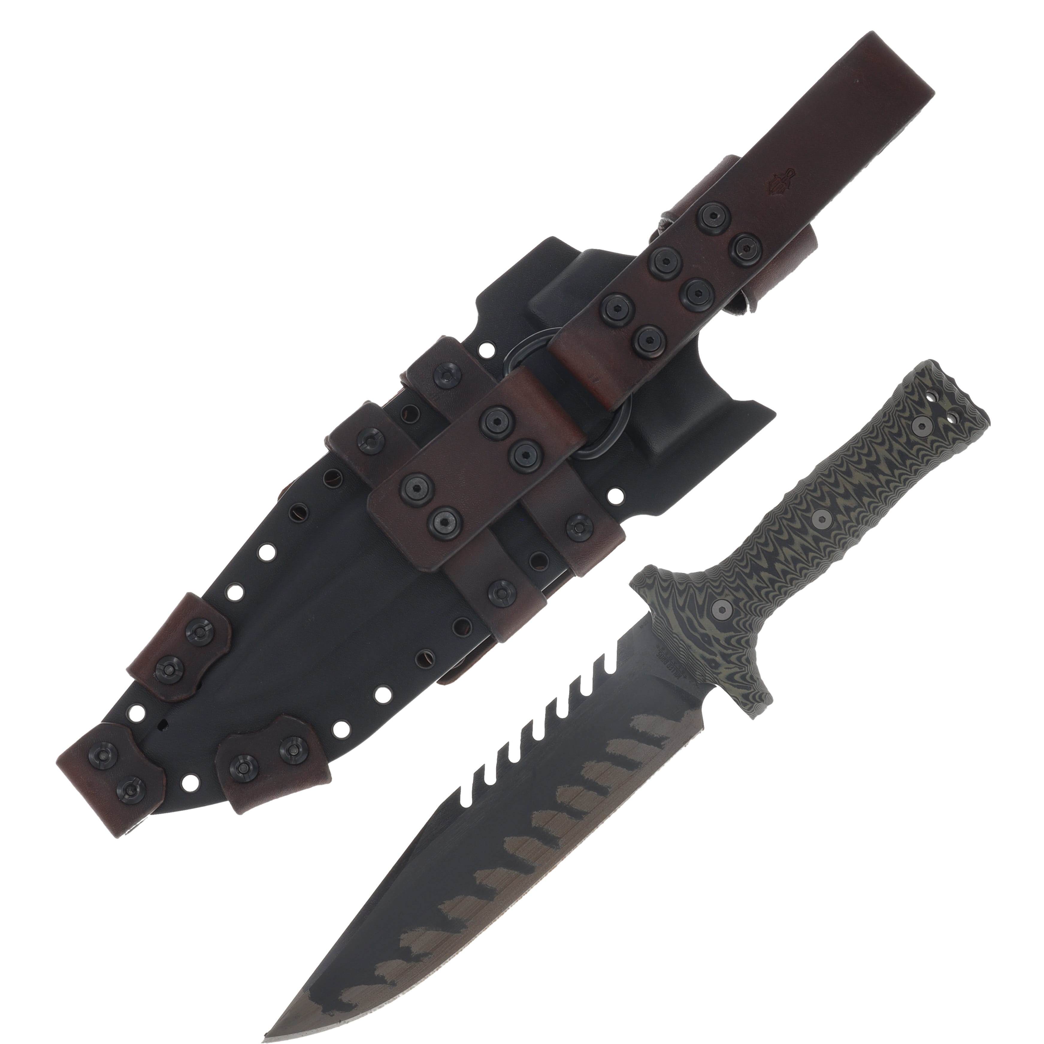 Miller Bros M-22 Fixed Blade Tooth Spine Etched Edge Tan/Black Handle Brown/Black Sheath M-22EEBKBNSTNBKH View 1