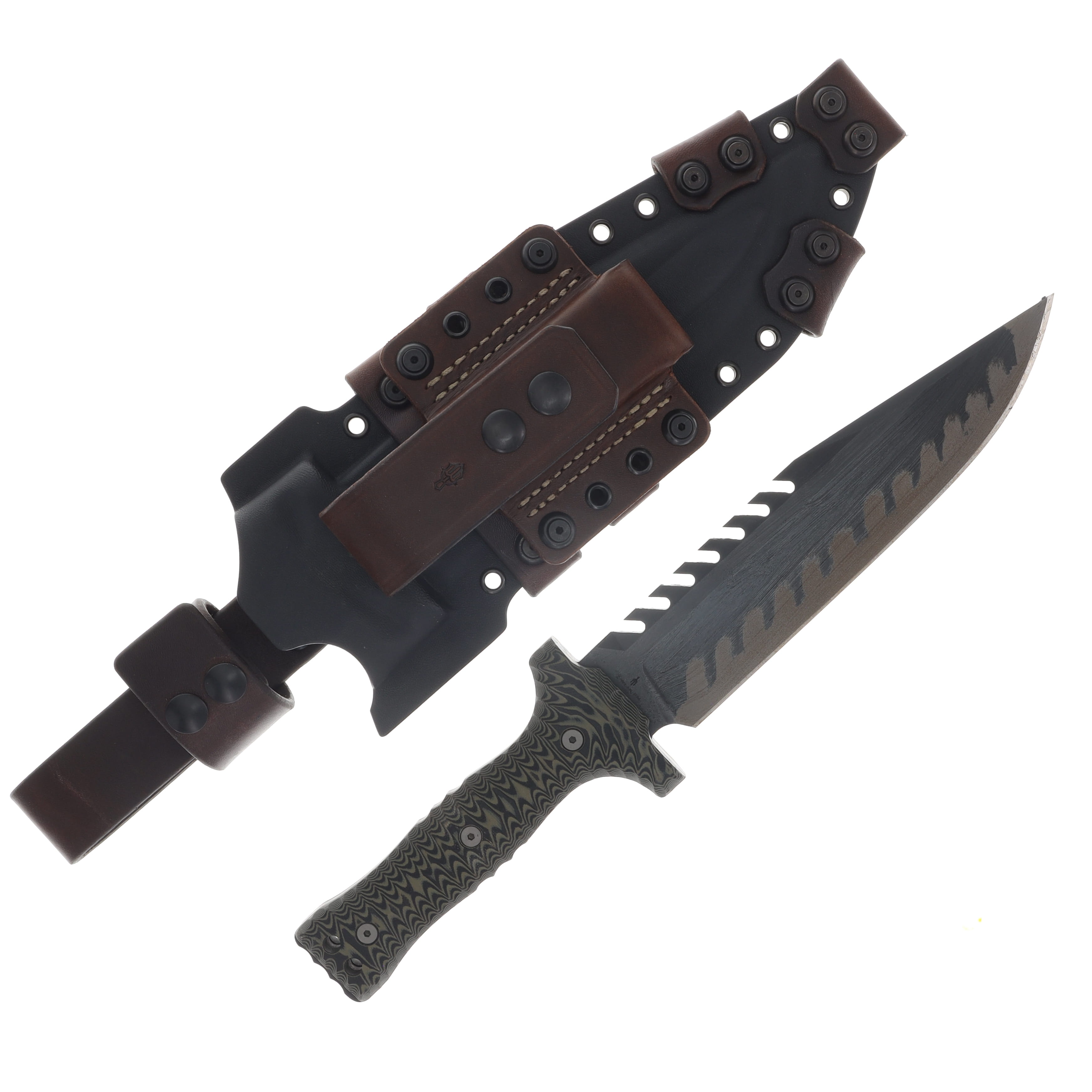 Miller Bros M-22 Fixed Blade Tooth Spine Etched Edge Tan/Black Handle Brown/Black Sheath M-22EEBKBNSTNBKH View 2
