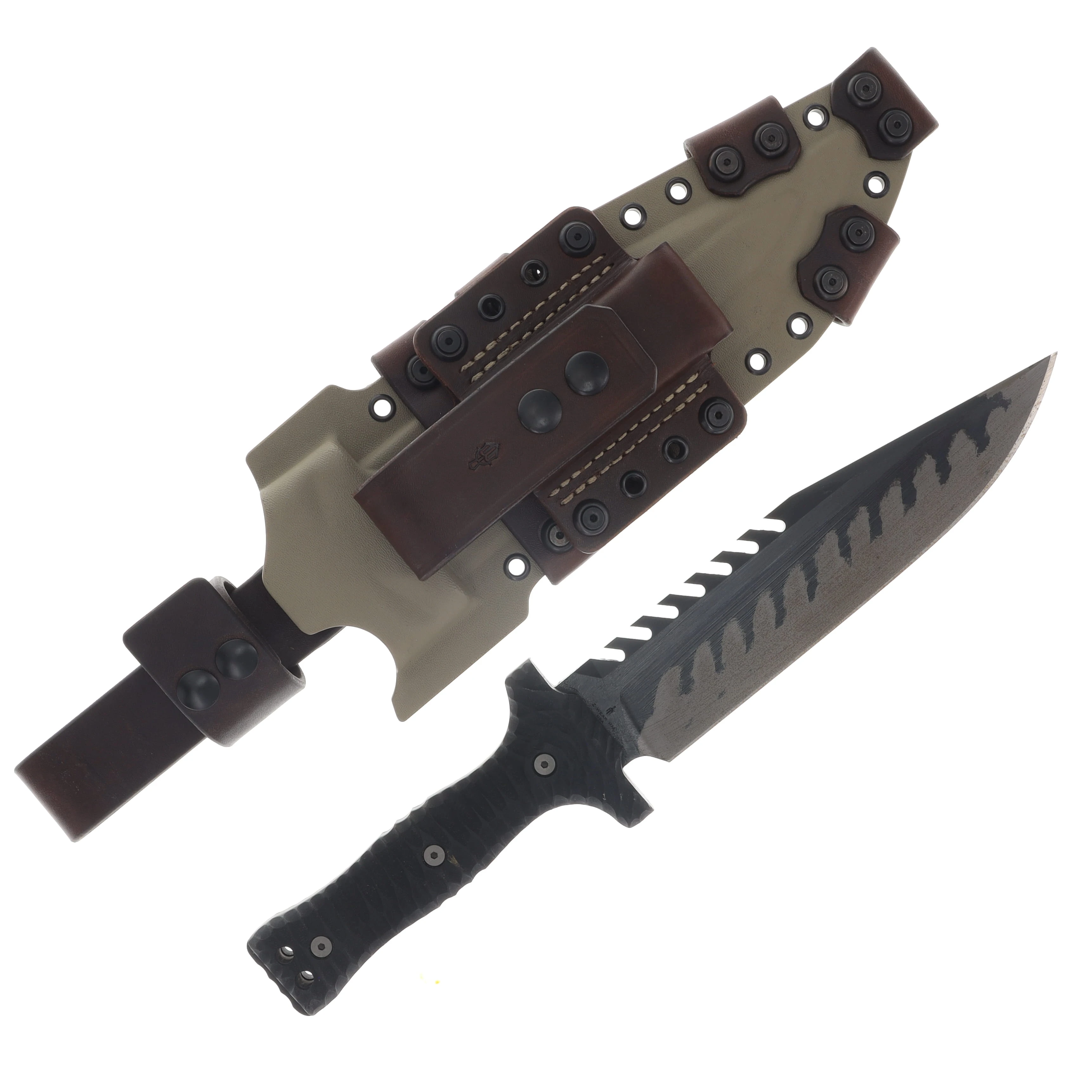 Miller Bros M-22 Fixed Blade Tooth Spine Etched Edge Black Handle Black/Brown Sheath M-22EEBKBNSBKH View 2