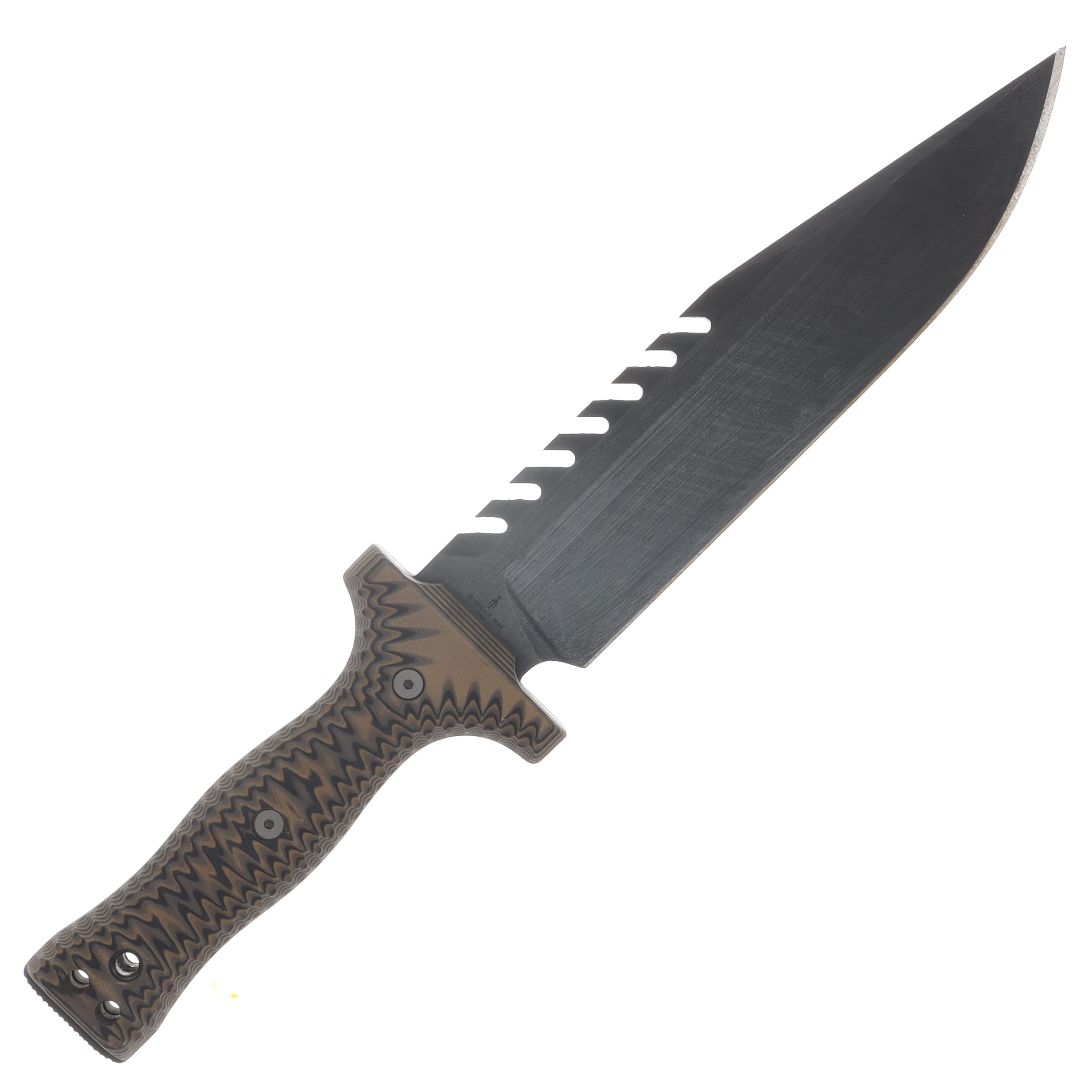 Miller Bros M-22 Fixed Blade Tooth Spine Striped Etch Tan/Black Handle OD Green/Black Sheath M-22STRODBKSTNBKH View 4
