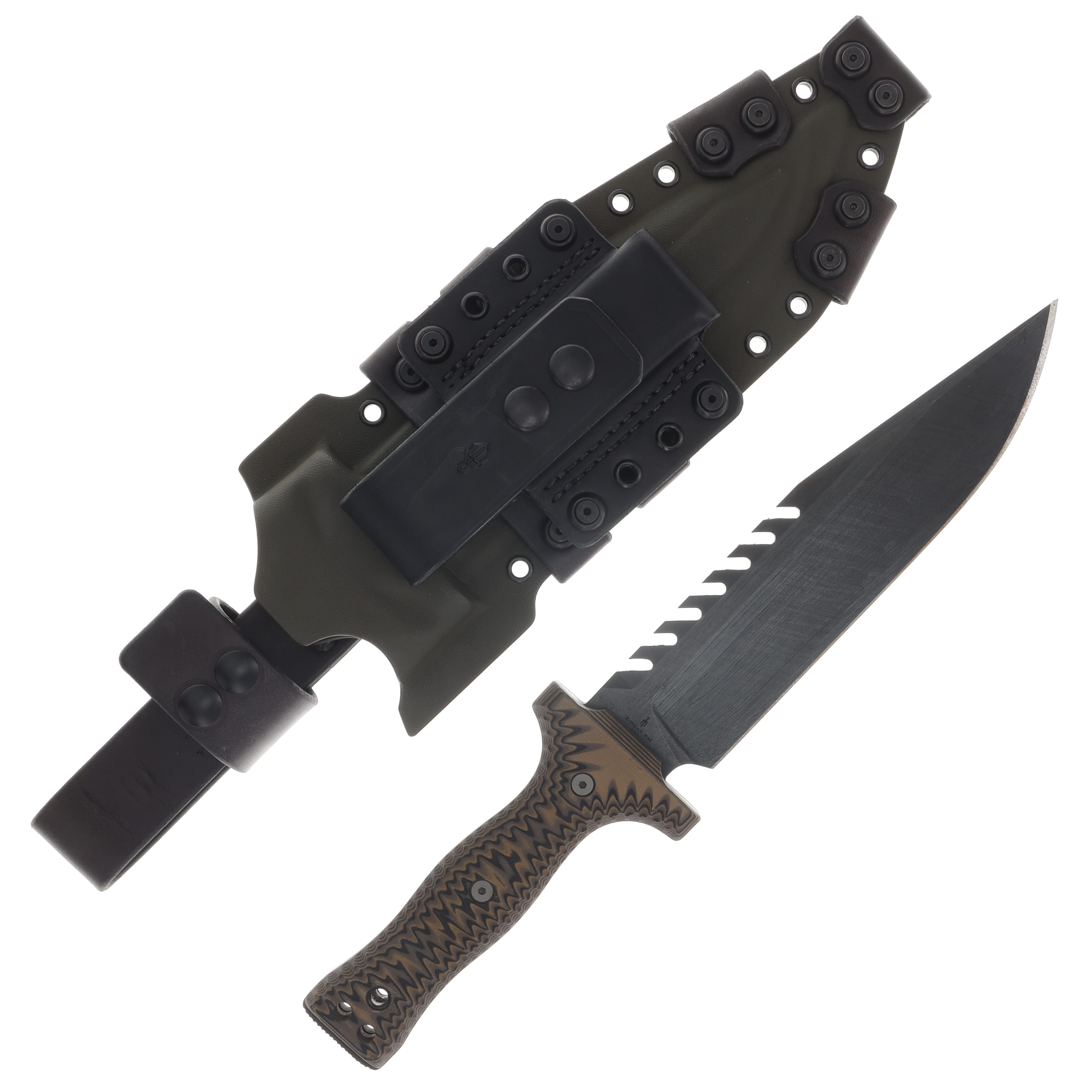 Miller Bros M-22 Fixed Blade Tooth Spine Striped Etch Tan/Black Handle OD Green/Black Sheath M-22STRODBKSTNBKH View 2