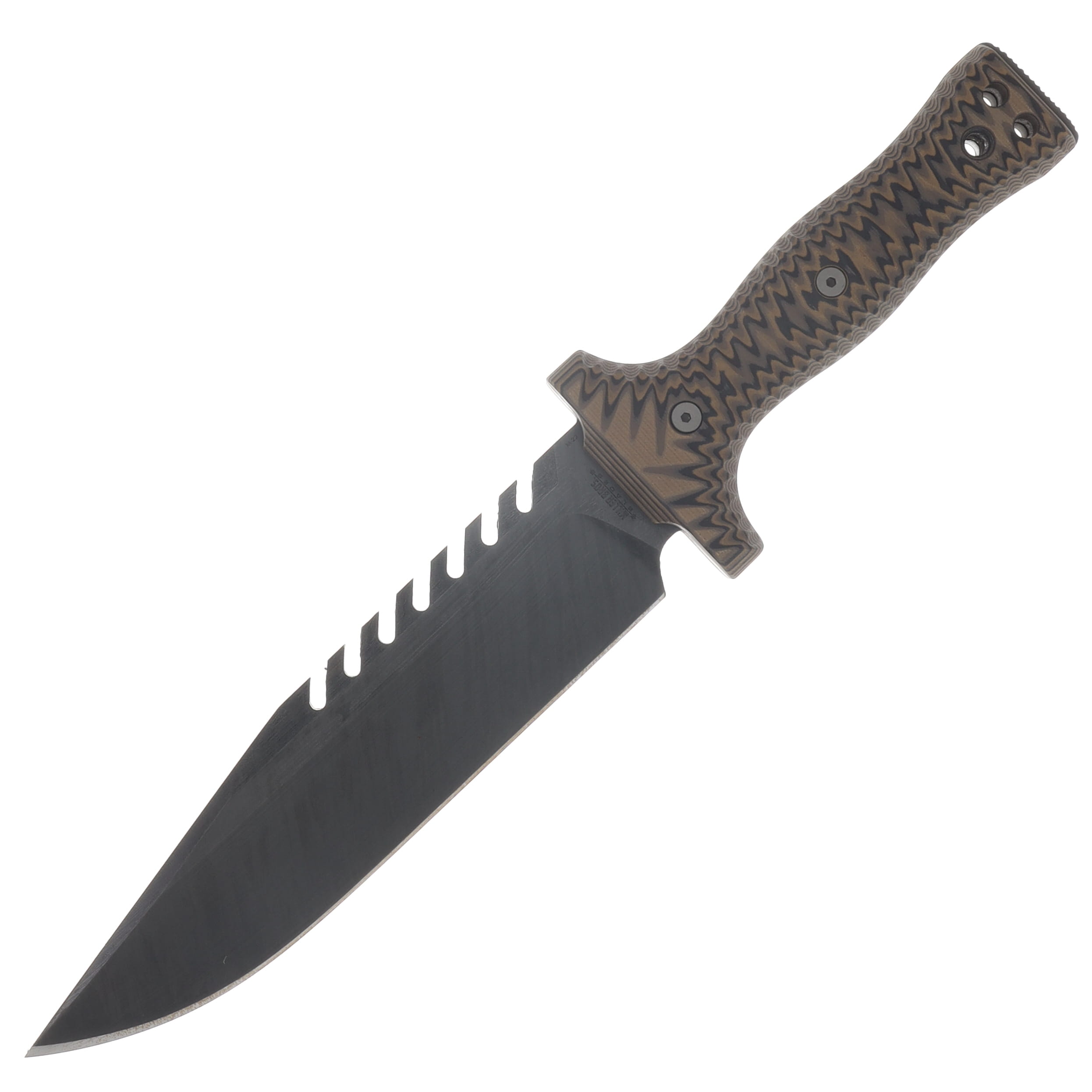 Miller Bros M-22 Fixed Blade Tooth Spine Striped Etch Tan/Black Handle OD Green/Black Sheath M-22STRODBKSTNBKH View 3