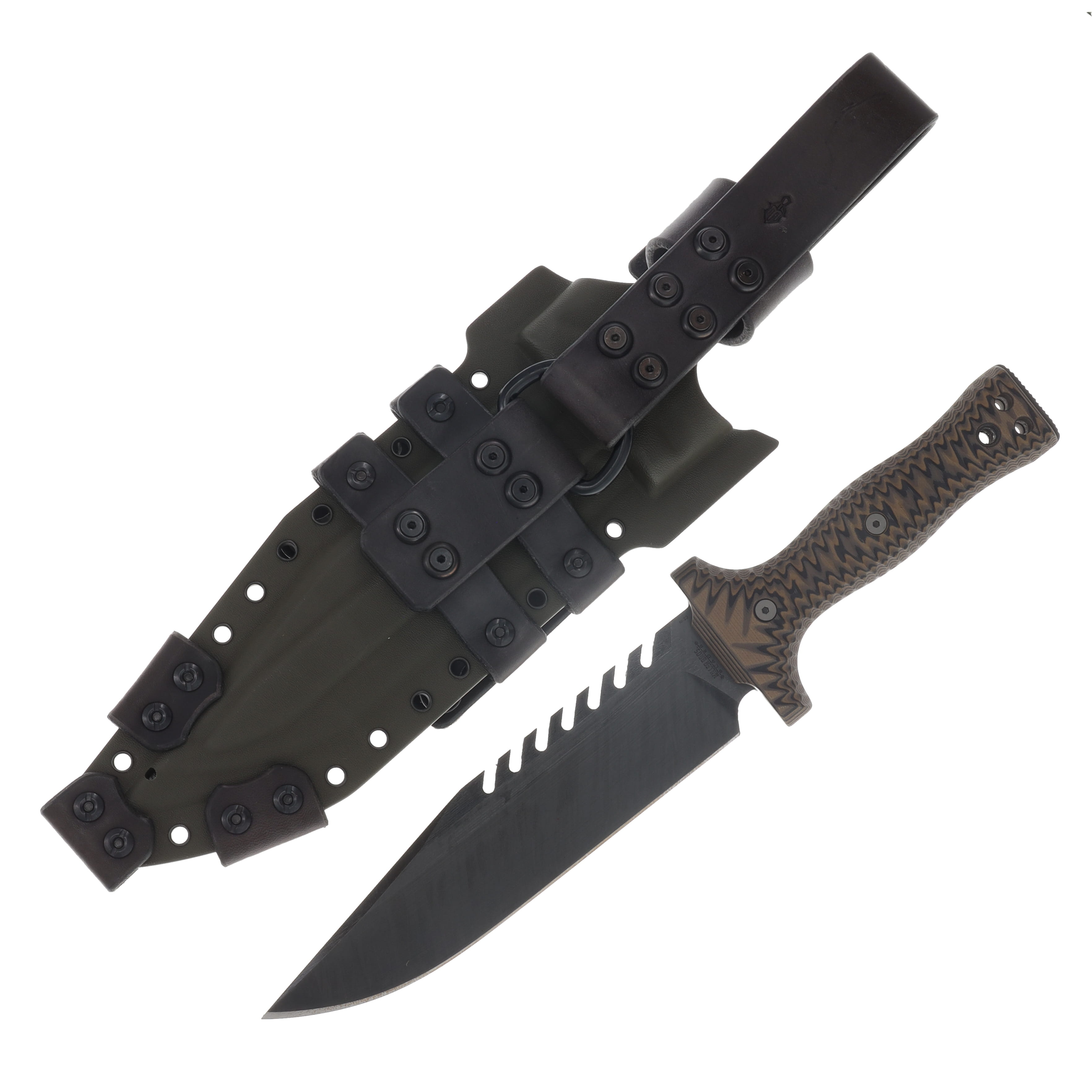 Miller Bros M-22 Fixed Blade Tooth Spine Striped Etch Tan/Black Handle OD Green/Black Sheath M-22STRODBKSTNBKH View 1