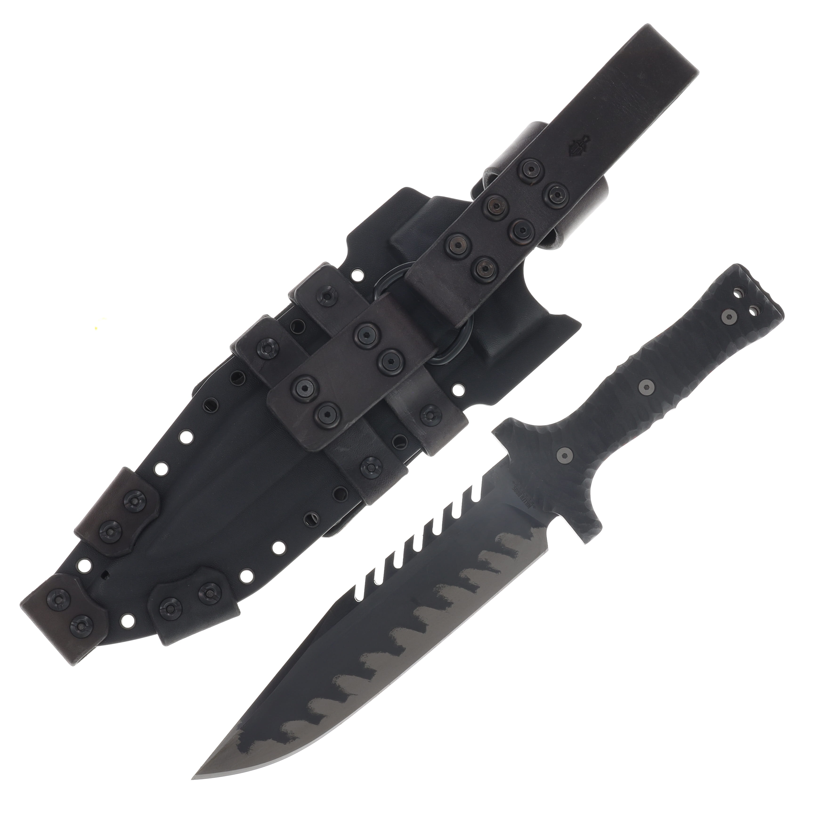 Miller Bros M-22 Fixed Blade Tooth Spine Etched Edge Black Textured Handle Black Sheath M-22EEBKSBKTH View 1