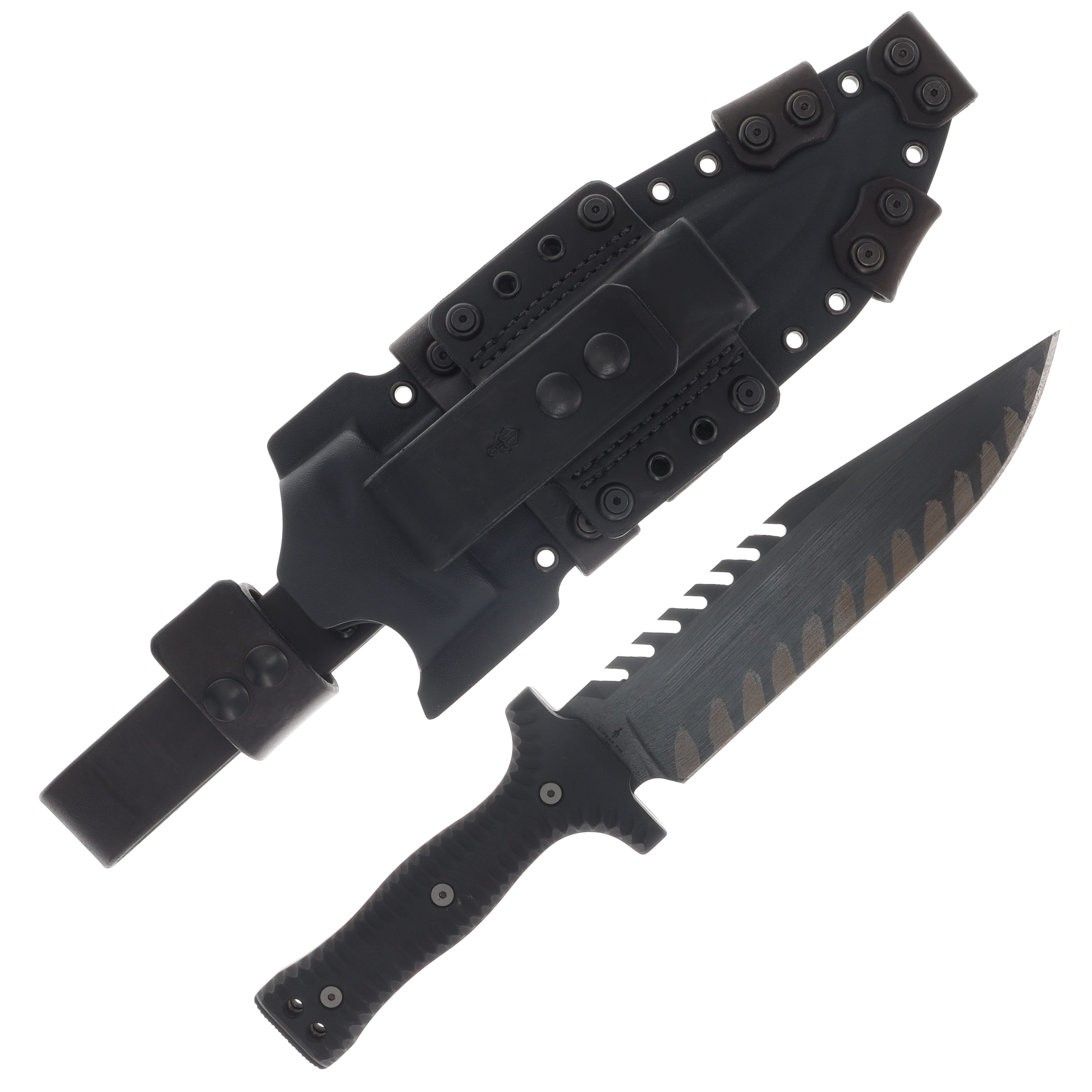 Miller Bros M-22 Fixed Blade Tooth Spine Etched Edge Black Handle Black Sheath M-22EEBKSBKH View 1