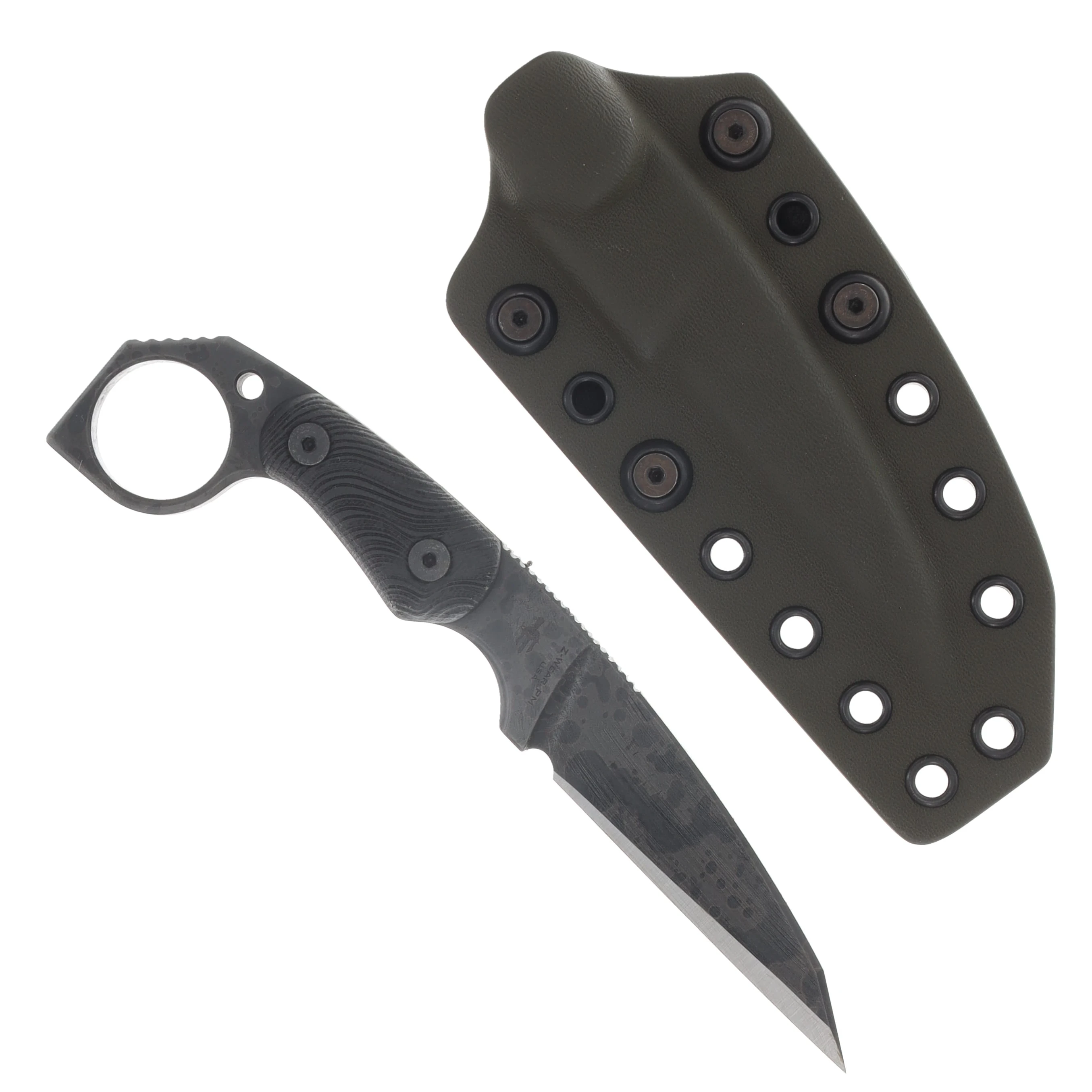 Miller Bros M-5 Fixed Knife Splatter Etch Blade Black Handle OD Green/Black Sheath View 1
